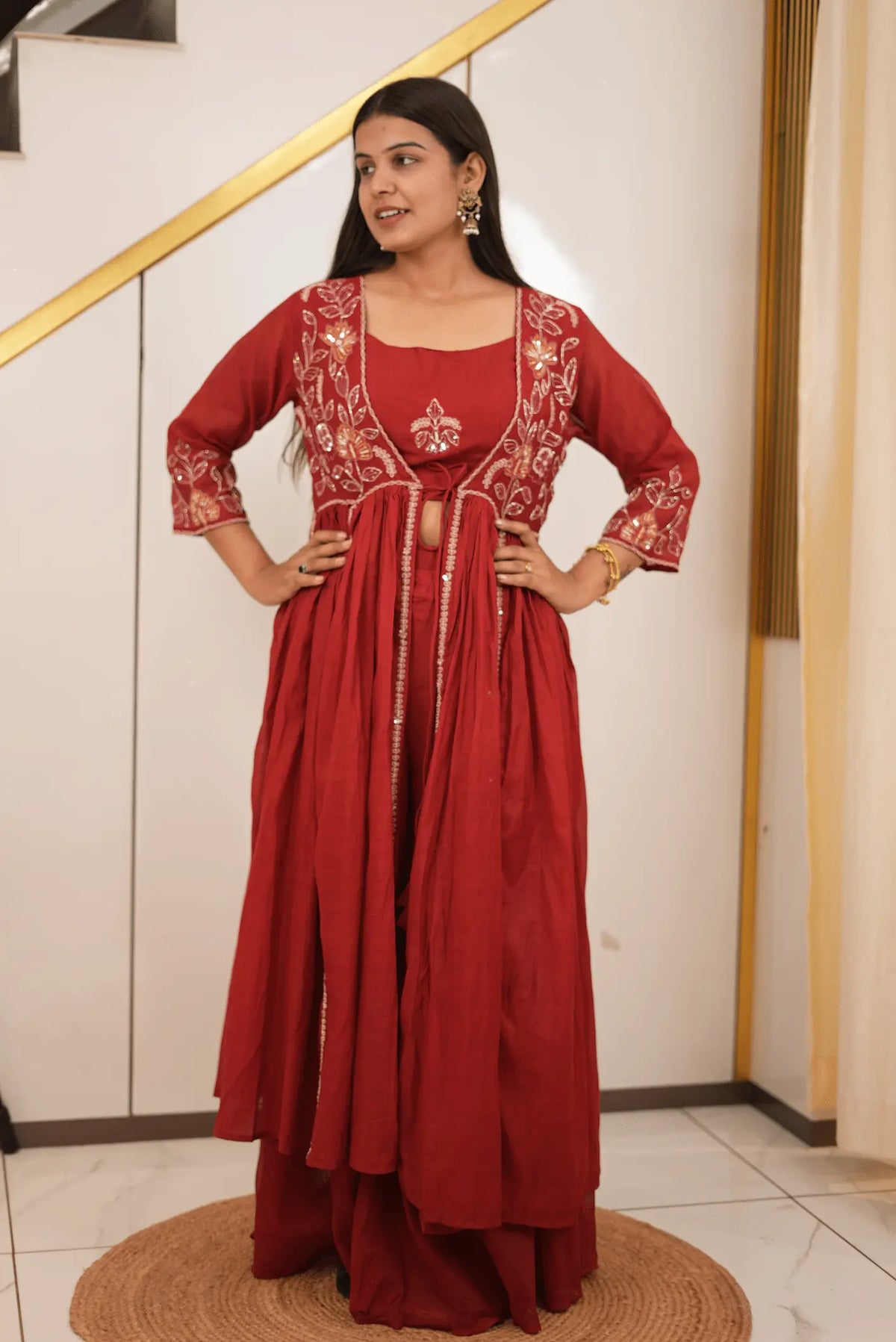 Women's Elegant Maroon Embroidered Flared Shrug Style Gown with Floral Sequin & Zari Work