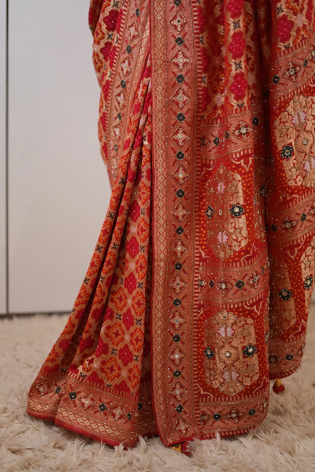 Pure Khaddi Georgette Bandhani Minakari Print Saree with Intricate Kolkata Handwork (Cutdana, Mirror & Zari Embroidery) - (with Blouse)