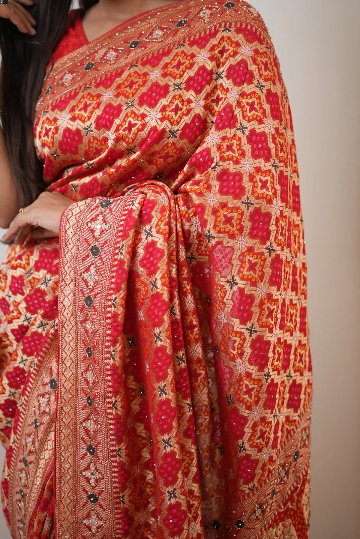 Pure Khaddi Georgette Bandhani Minakari Print Saree with Intricate Kolkata Handwork (Cutdana, Mirror & Zari Embroidery) - (with Blouse)