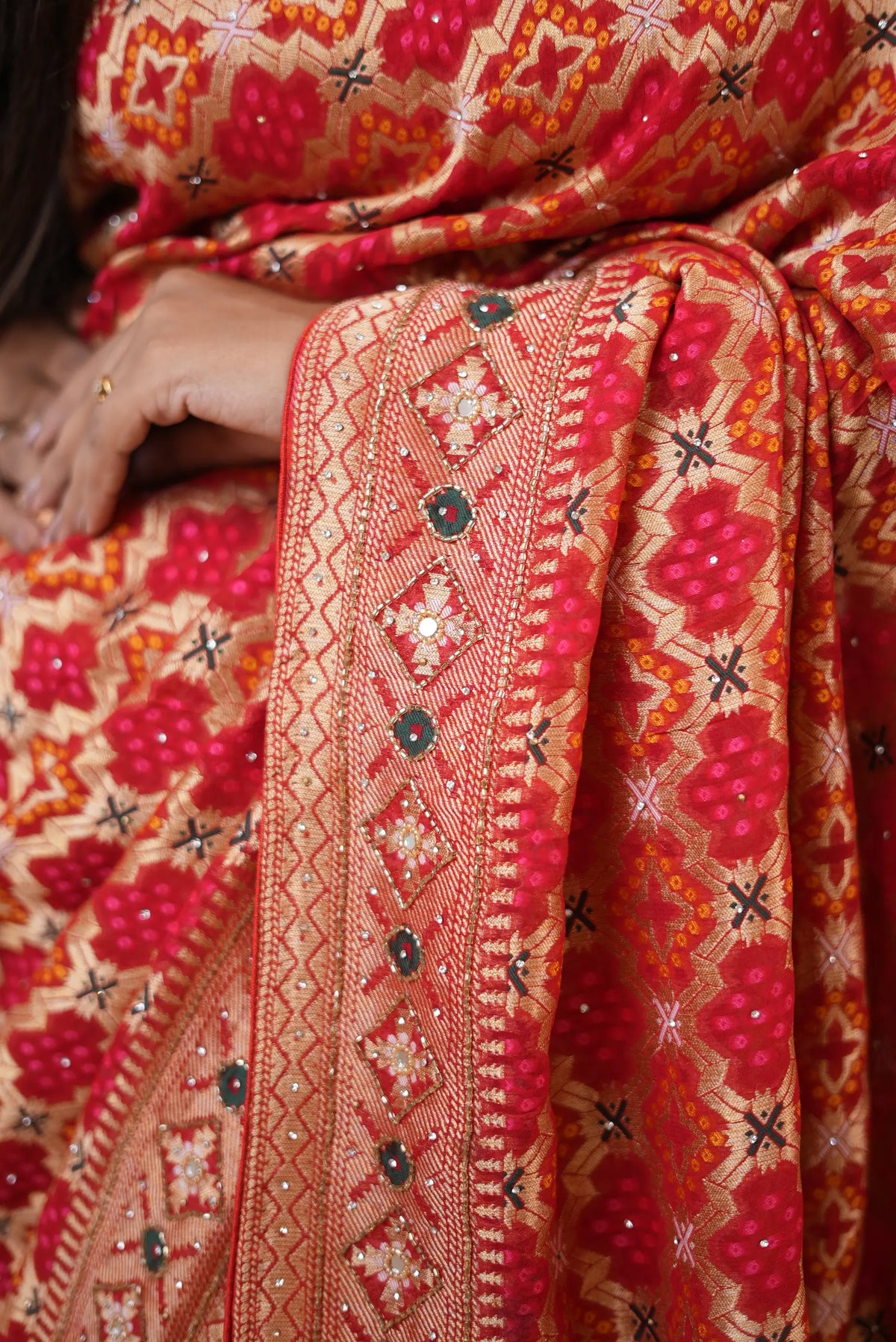 Pure Khaddi Georgette Bandhani Minakari Print Saree with Intricate Kolkata Handwork (Cutdana, Mirror & Zari Embroidery) - (with Blouse)