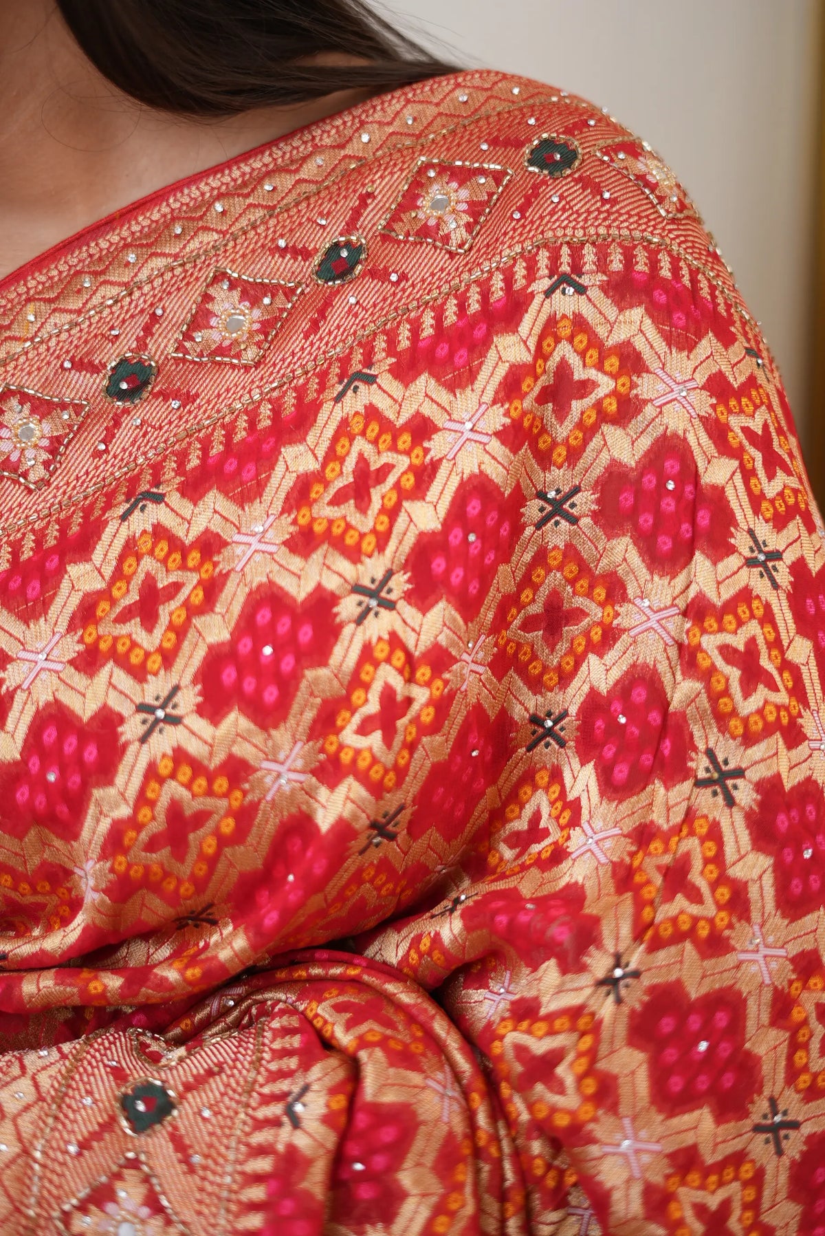 Pure Khaddi Georgette Bandhani Minakari Print Saree with Intricate Kolkata Handwork (Cutdana, Mirror & Zari Embroidery) - (with Blouse)