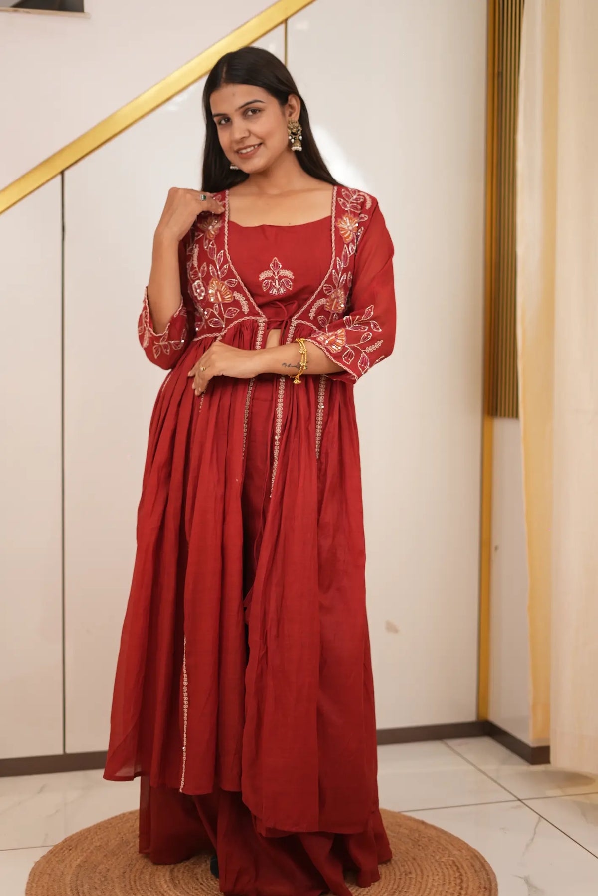 Women's Elegant Maroon Embroidered Flared Shrug Style Gown with Floral Sequin & Zari Work
