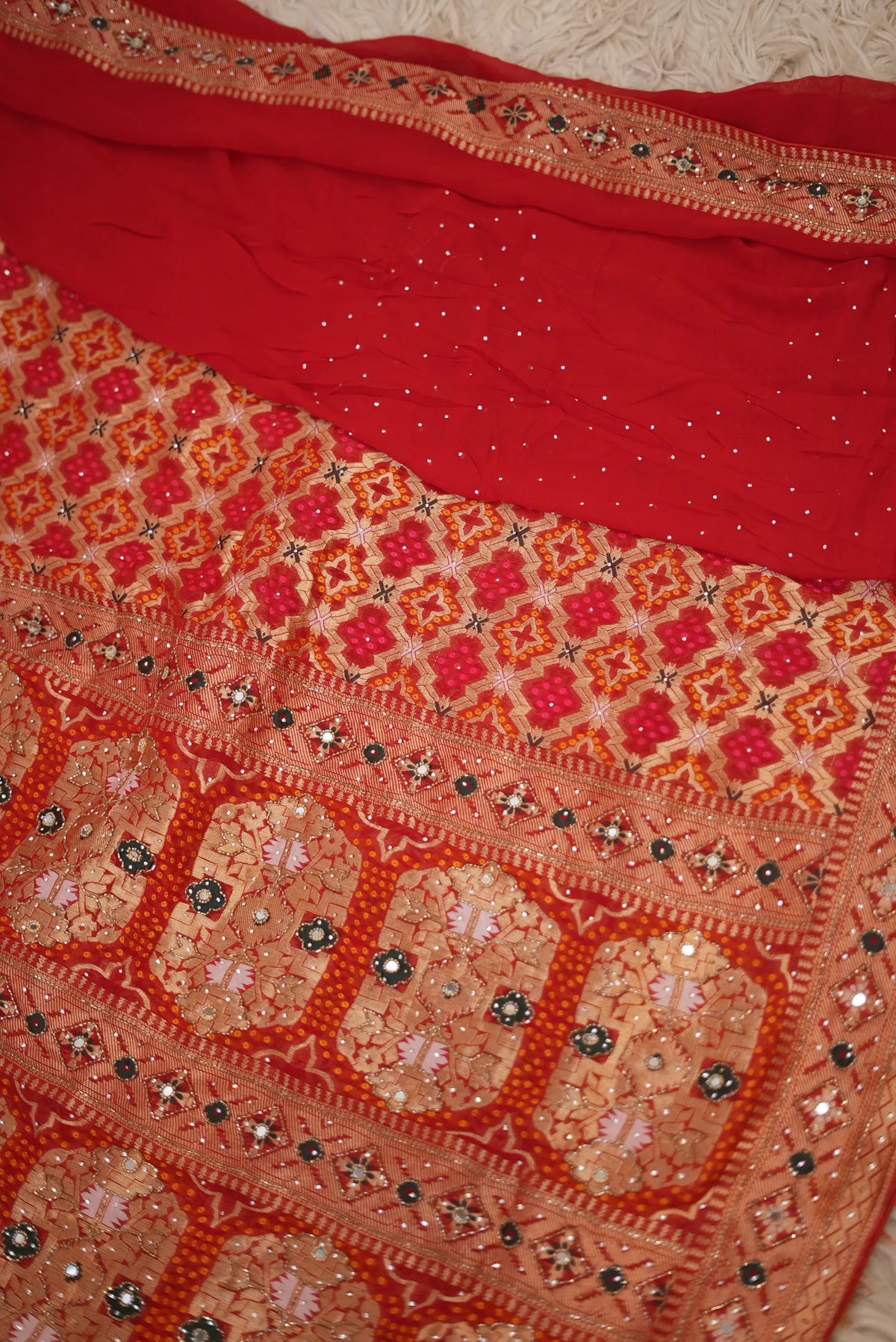 Pure Khaddi Georgette Bandhani Minakari Print Saree with Intricate Kolkata Handwork (Cutdana, Mirror & Zari Embroidery) - (with Blouse)