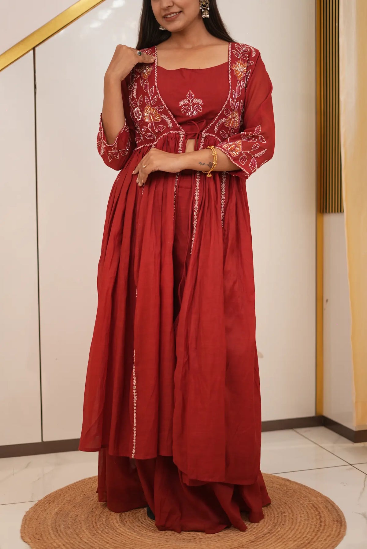 Women's Elegant Maroon Embroidered Flared Shrug Style Gown with Floral Sequin & Zari Work