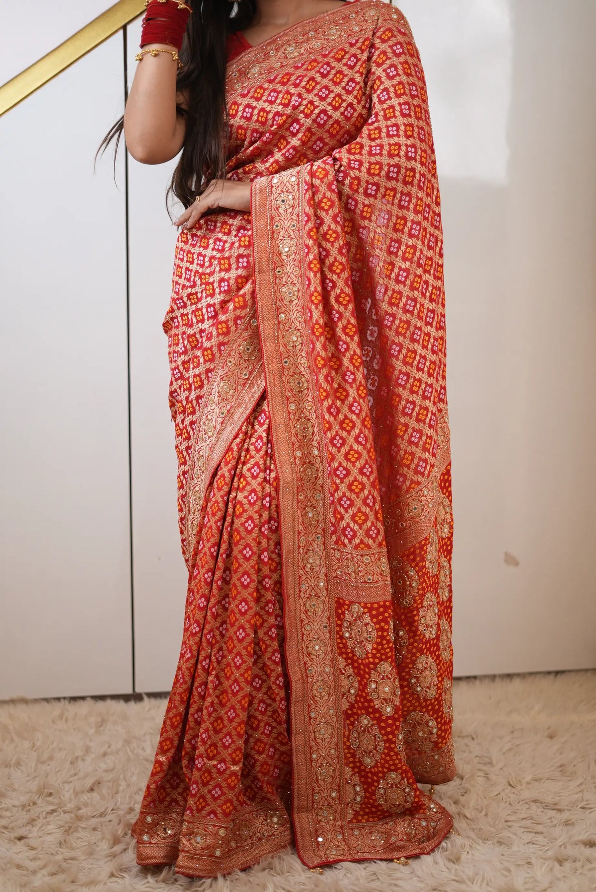 Pure Khaddi Georgette Ghatchola Bandhani Saree with Floral Zari Motifs & Kolkata Handwork (Cutdana, Mirror & Zari) - (with Blouse)