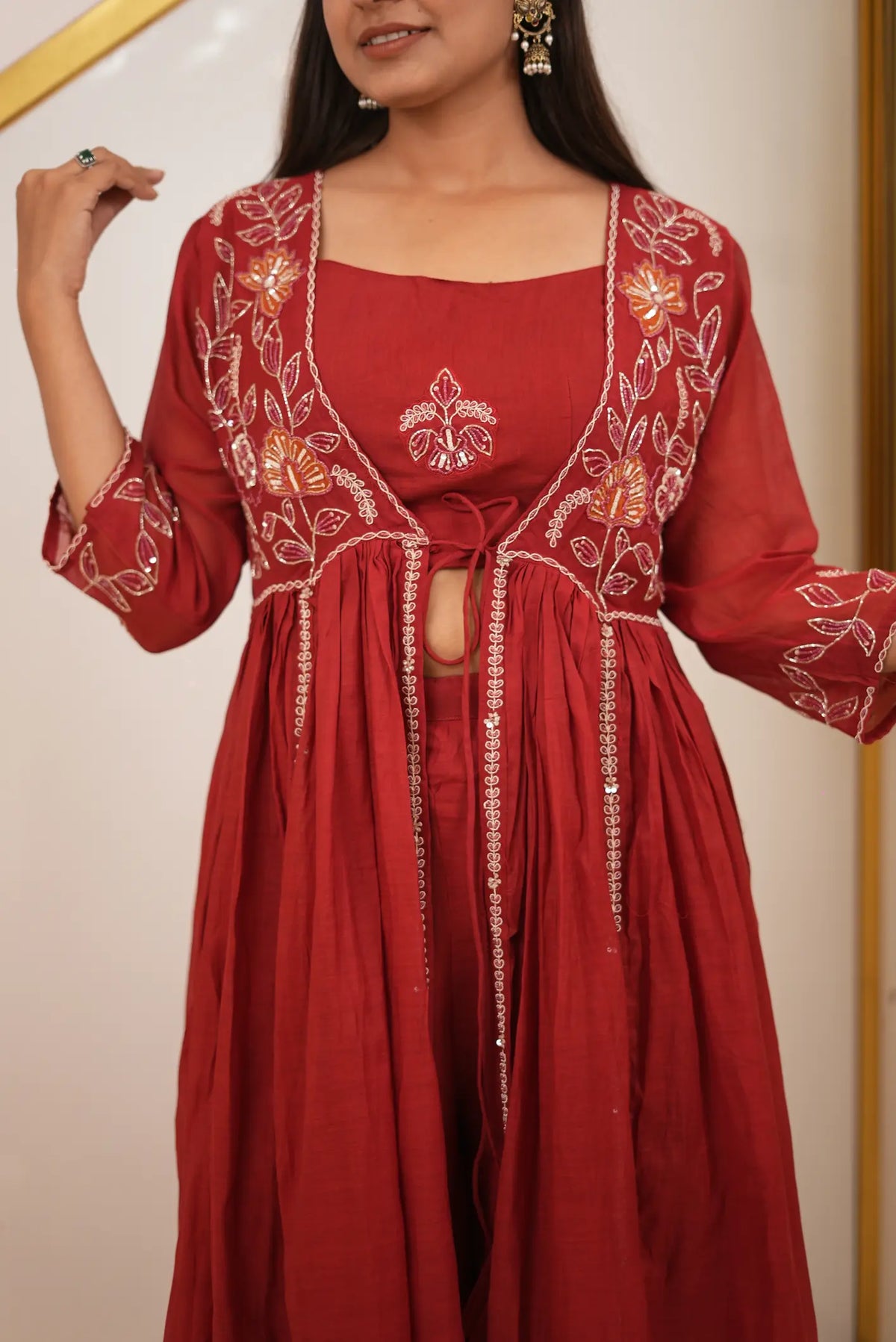 Women's Elegant Maroon Embroidered Flared Shrug Style Gown with Floral Sequin & Zari Work