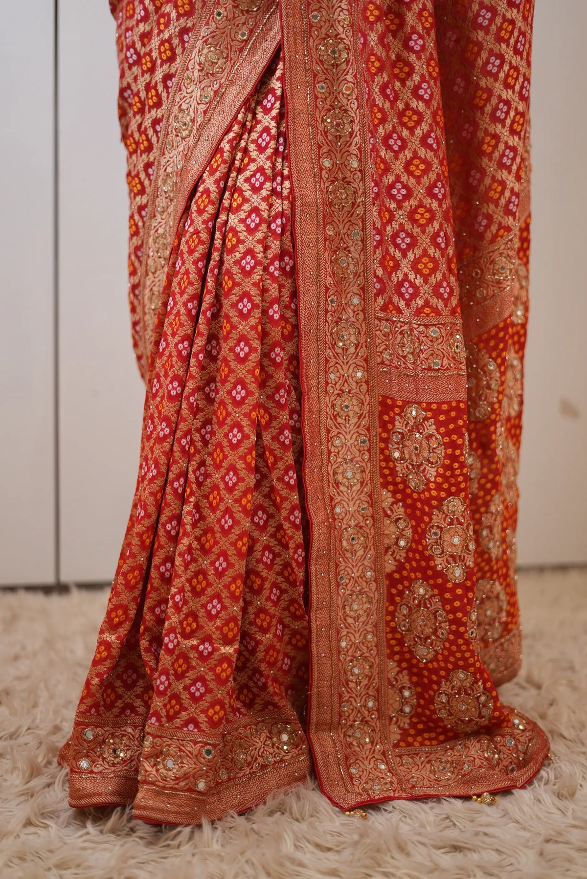 Pure Khaddi Georgette Ghatchola Bandhani Saree with Floral Zari Motifs & Kolkata Handwork (Cutdana, Mirror & Zari) - (with Blouse)