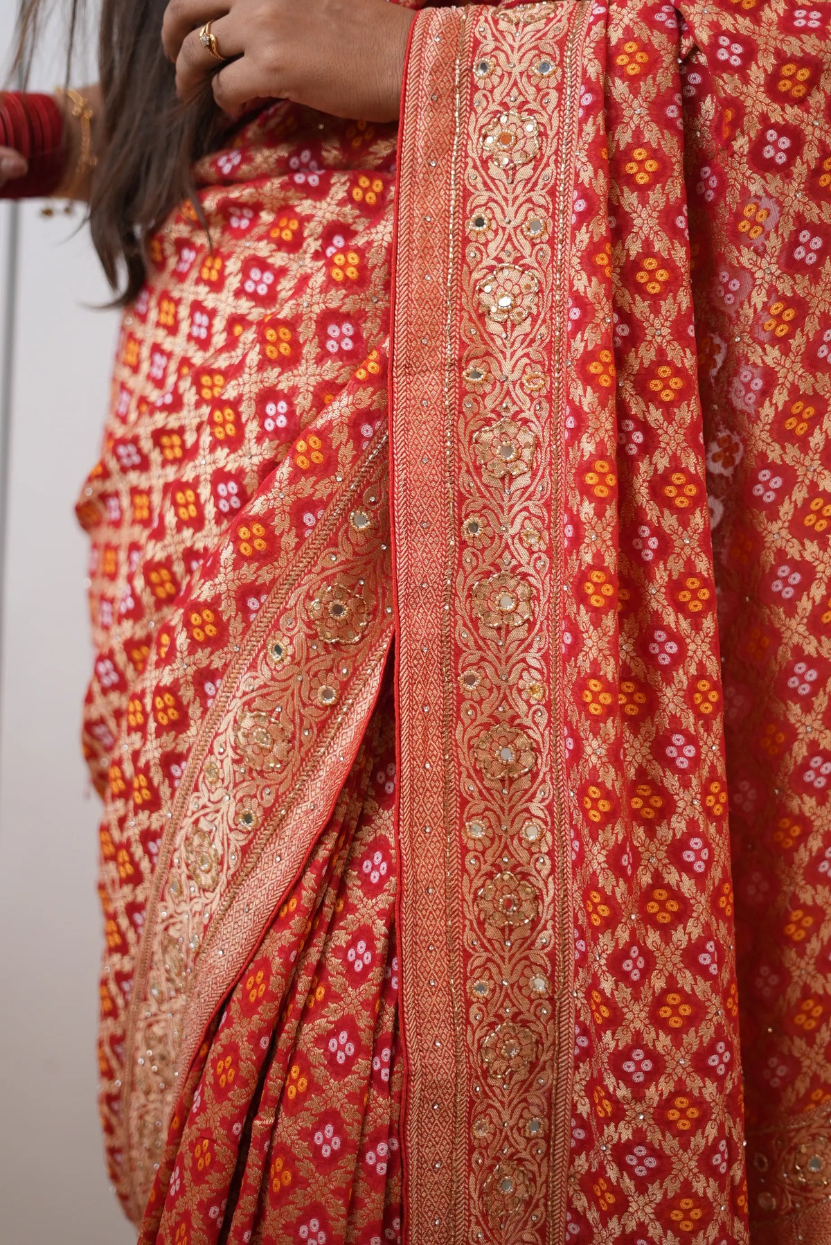 Pure Khaddi Georgette Ghatchola Bandhani Saree with Floral Zari Motifs & Kolkata Handwork (Cutdana, Mirror & Zari) - (with Blouse)