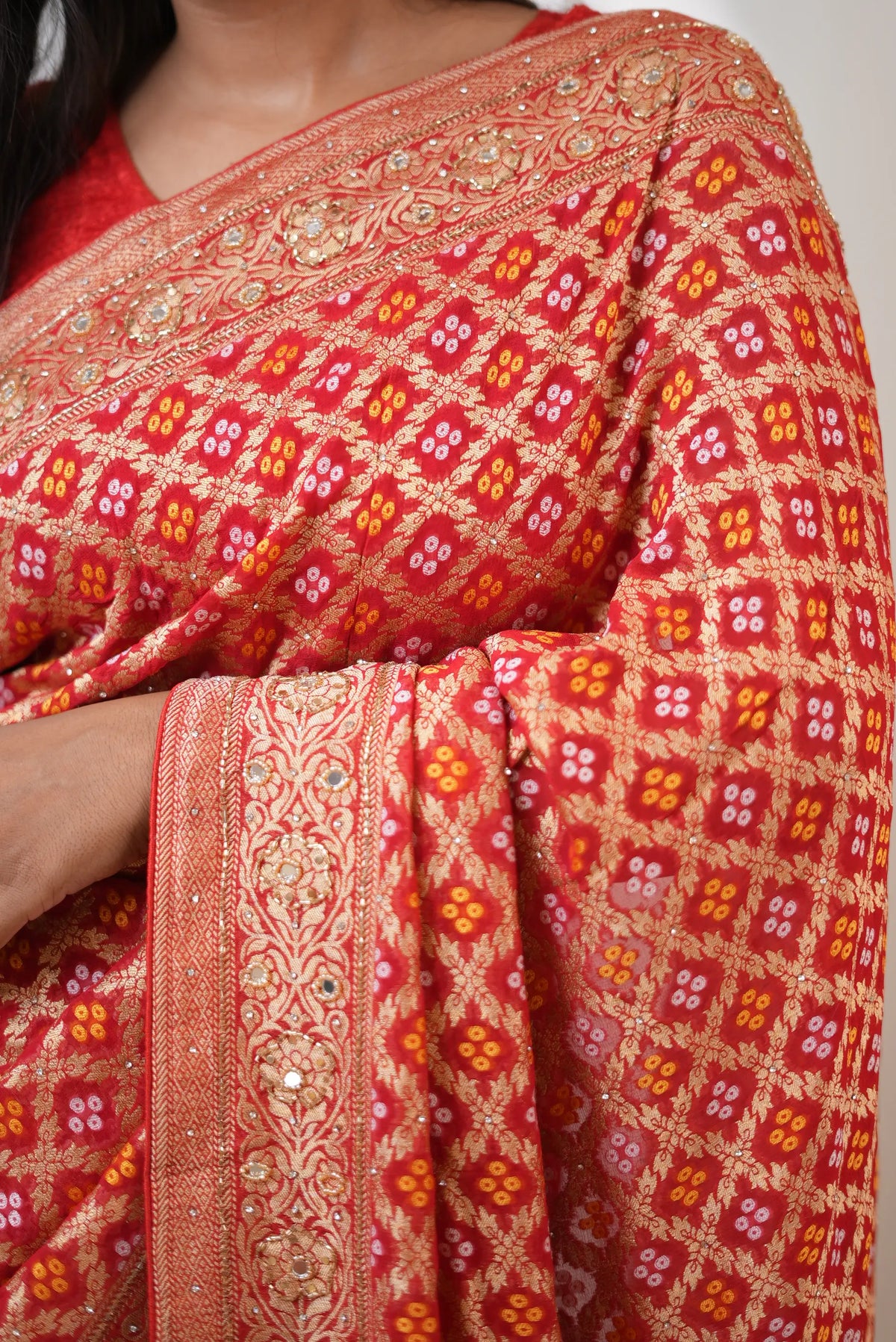 Pure Khaddi Georgette Ghatchola Bandhani Saree with Floral Zari Motifs & Kolkata Handwork (Cutdana, Mirror & Zari) - (with Blouse)