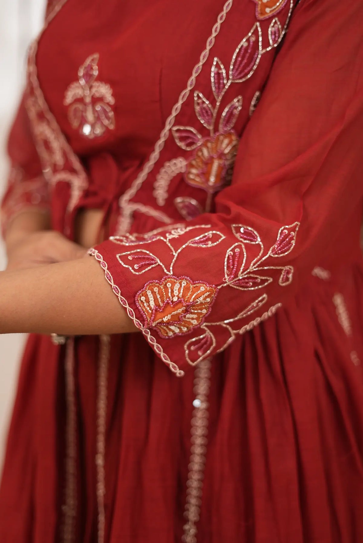 Women's Elegant Maroon Embroidered Flared Shrug Style Gown with Floral Sequin & Zari Work