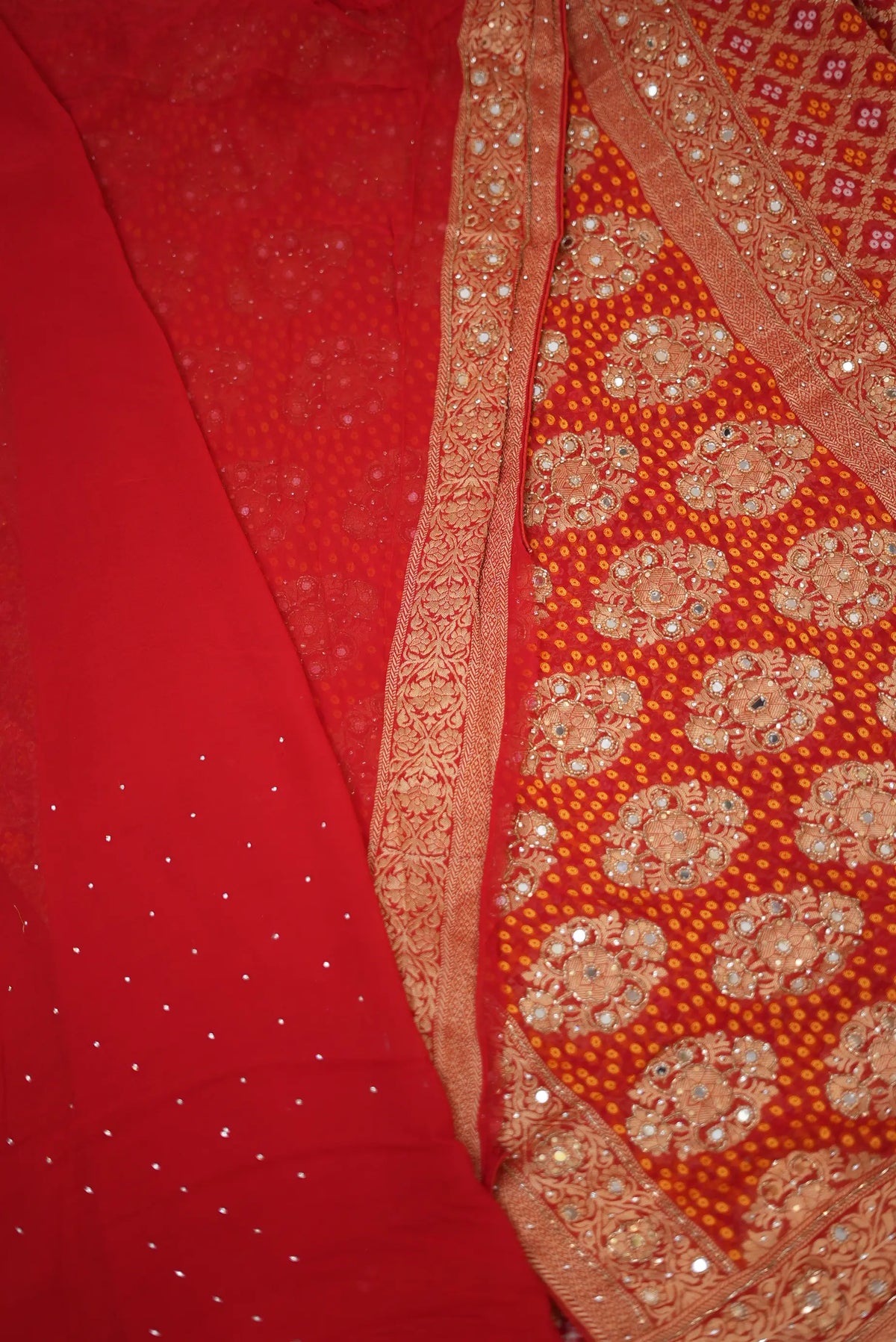 Pure Khaddi Georgette Ghatchola Bandhani Saree with Floral Zari Motifs & Kolkata Handwork (Cutdana, Mirror & Zari) - (with Blouse)