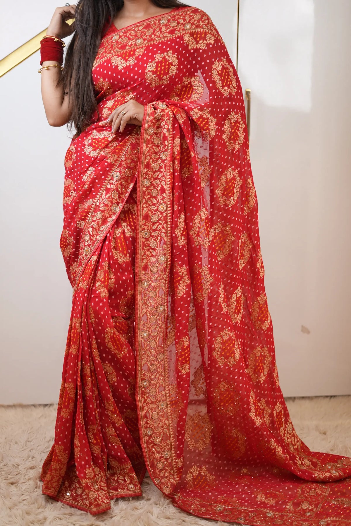 Pure Khaddi Georgette Bandhani Saree with Tree Motifs, Kolkata Handwork (Cutdana & Mirror) & Zari Work - (with Blouse)