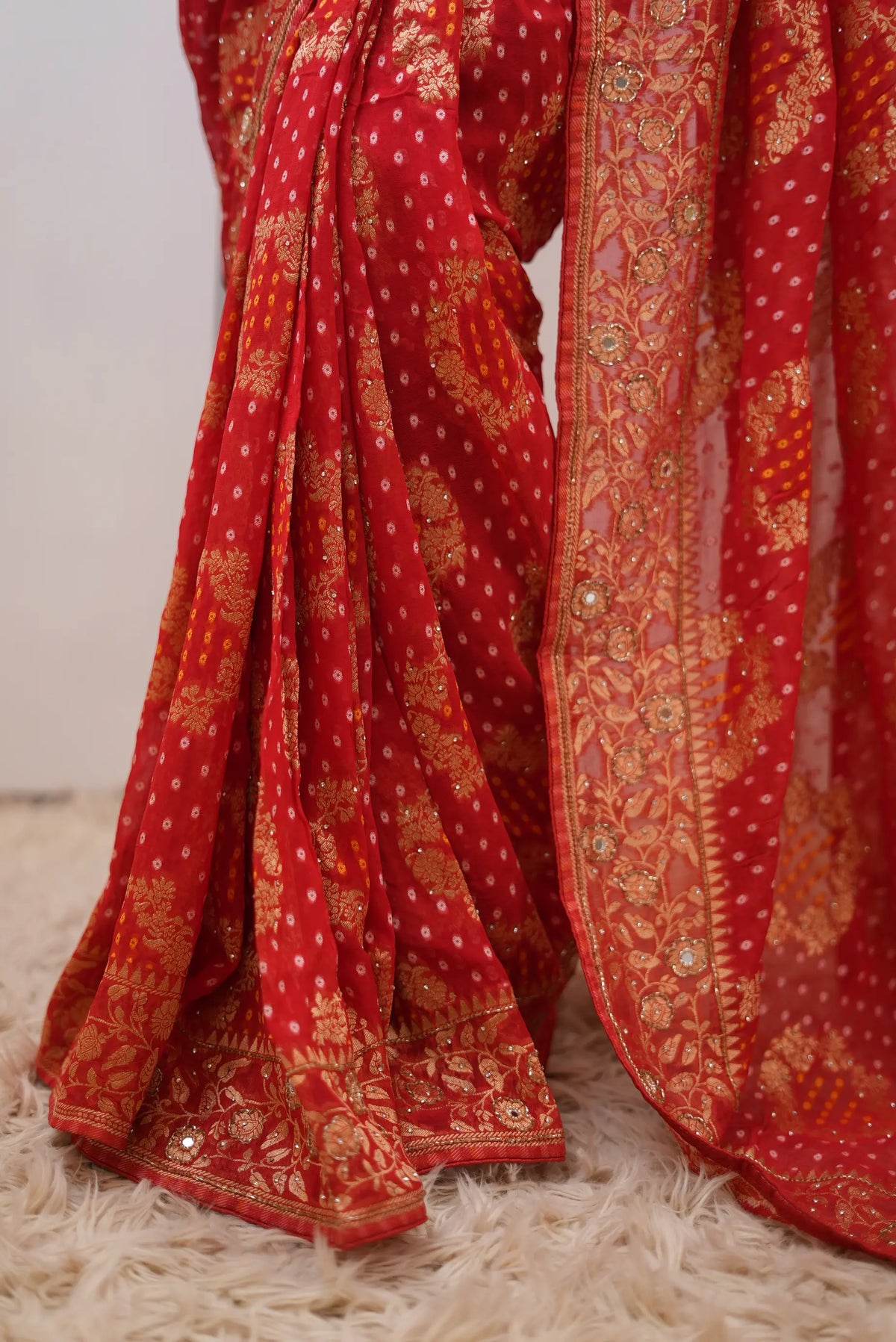 Pure Khaddi Georgette Bandhani Saree with Tree Motifs, Kolkata Handwork (Cutdana & Mirror) & Zari Work - (with Blouse)
