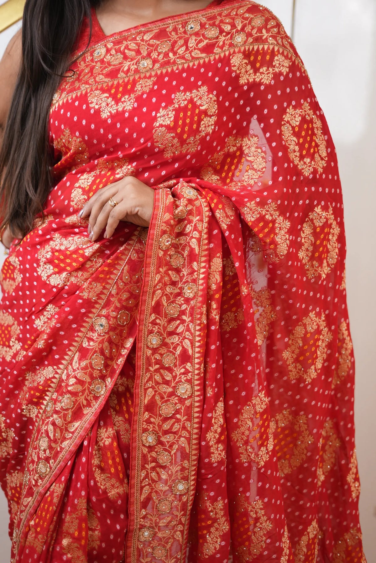 Pure Khaddi Georgette Bandhani Saree with Tree Motifs, Kolkata Handwork (Cutdana & Mirror) & Zari Work - (with Blouse)