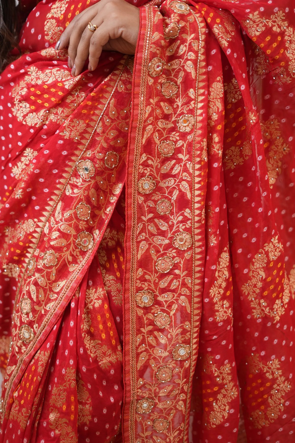 Pure Khaddi Georgette Bandhani Saree with Tree Motifs, Kolkata Handwork (Cutdana & Mirror) & Zari Work - (with Blouse)