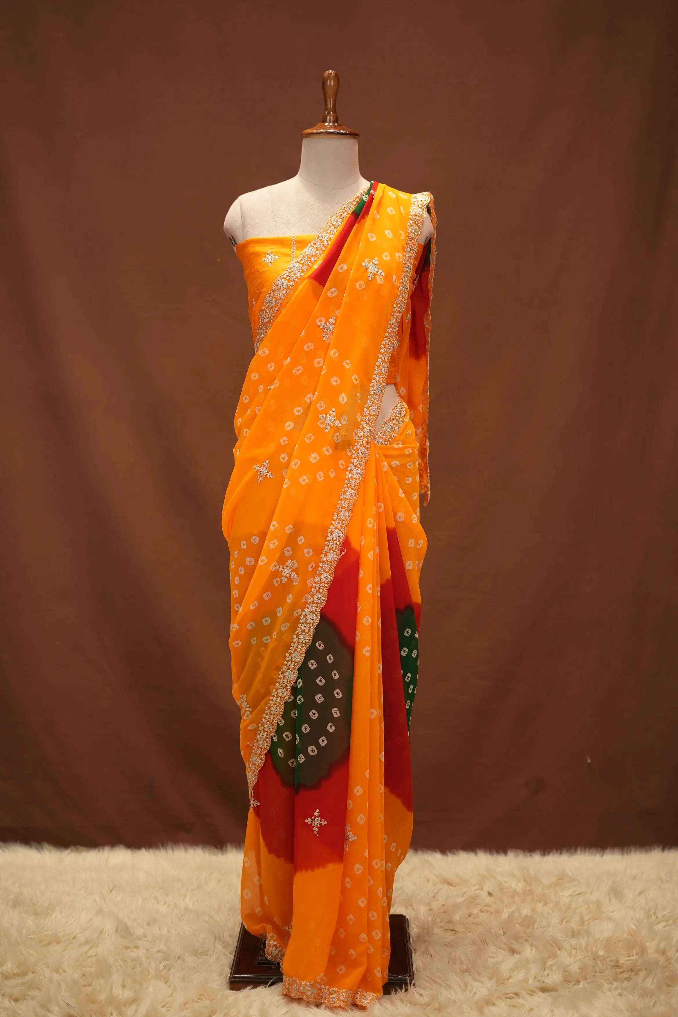 Multi Shade Bandhani Print Georgette Saree with Pita Work (With Blouse)