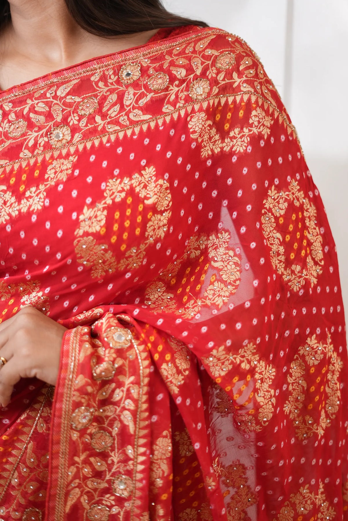 Pure Khaddi Georgette Bandhani Saree with Tree Motifs, Kolkata Handwork (Cutdana & Mirror) & Zari Work - (with Blouse)