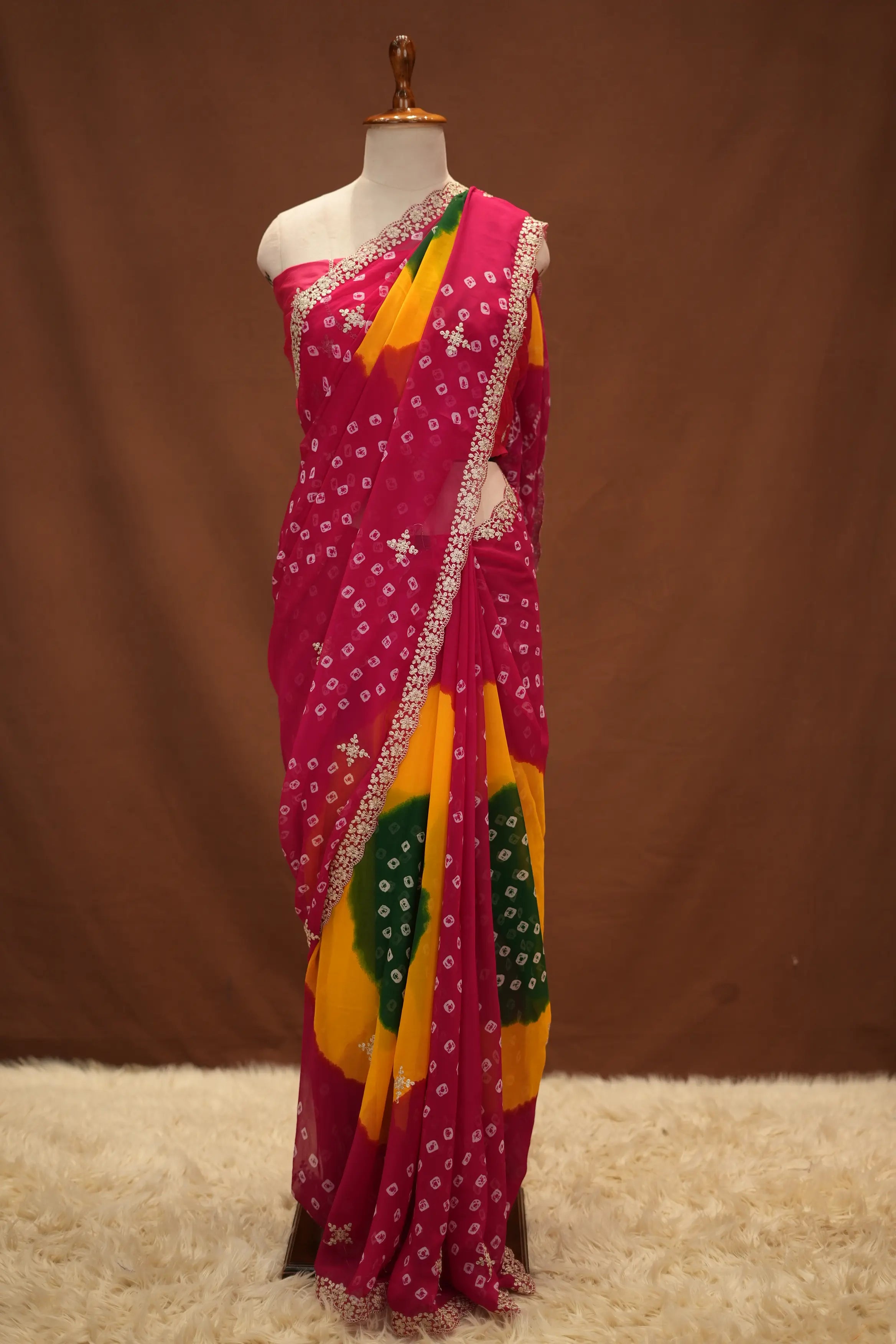 Multi Shade Bandhani Print Georgette Saree with Pita Work (With Blouse)