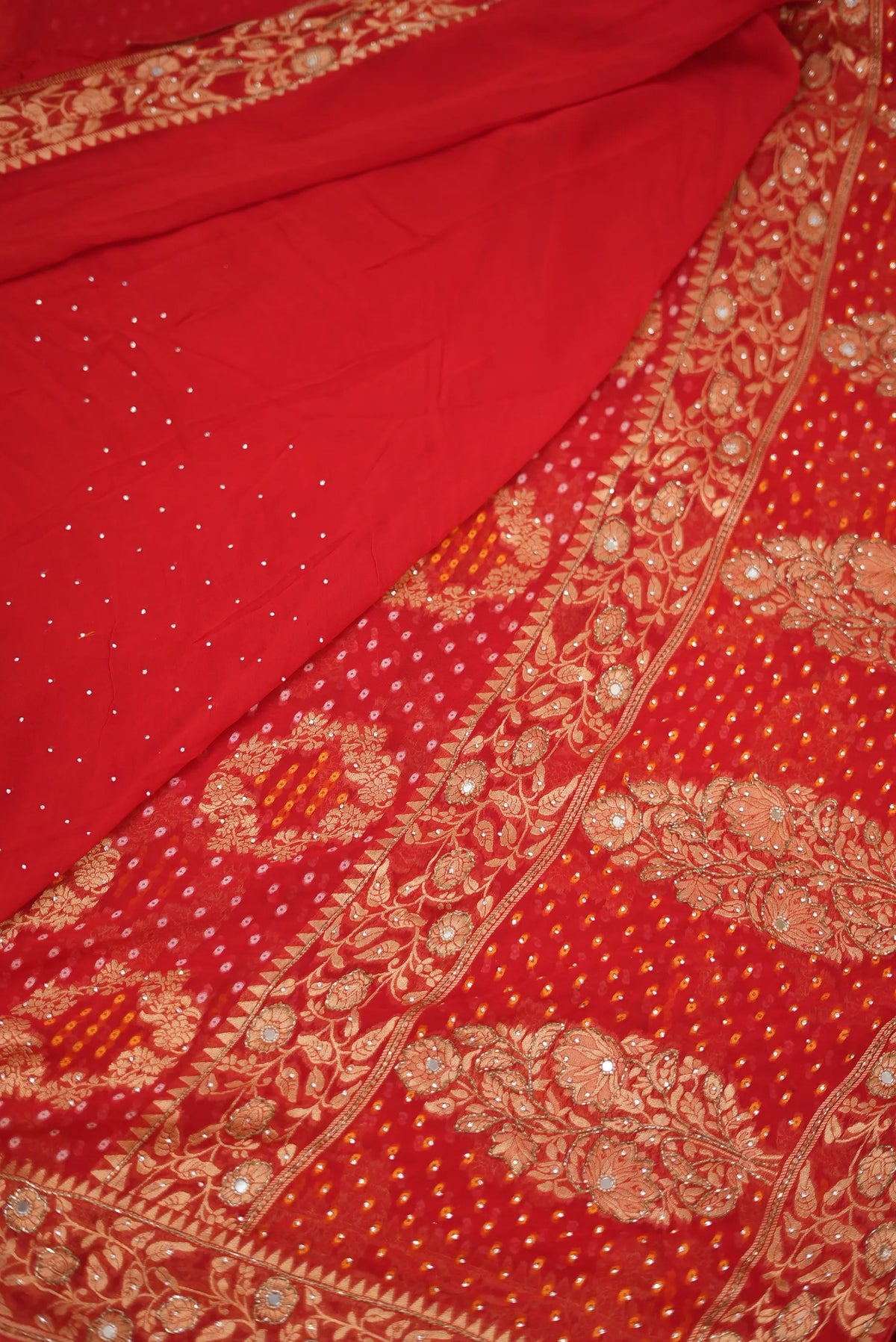 Pure Khaddi Georgette Bandhani Saree with Tree Motifs, Kolkata Handwork (Cutdana & Mirror) & Zari Work - (with Blouse)
