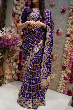 PURE GAZZI SAREE WITH HEAVY GOTA PATI HANDWORK (WITH BLOUSE)  (PURPLE) ##SR066