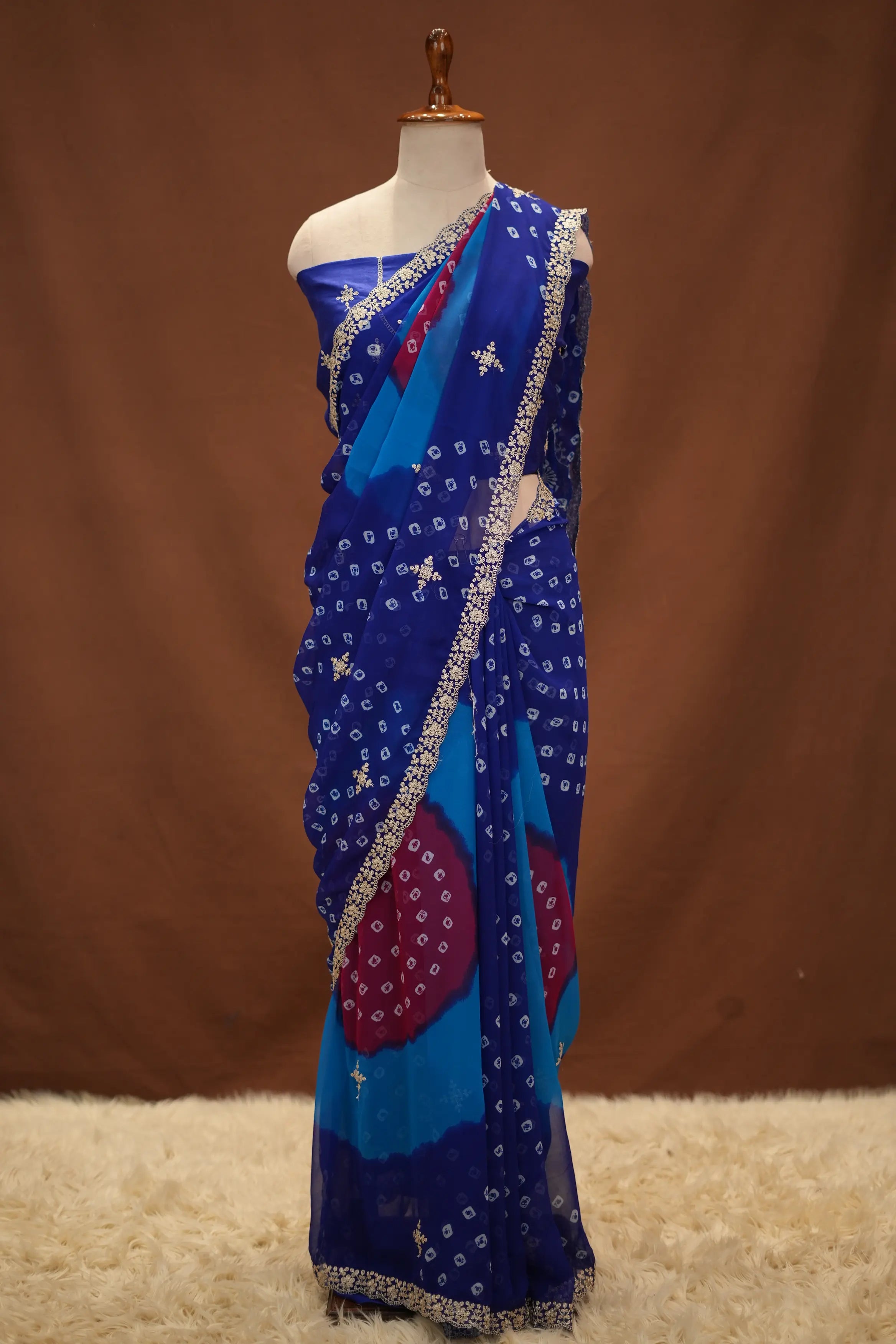Multi Shade Bandhani Print Georgette Saree with Pita Work (With Blouse)