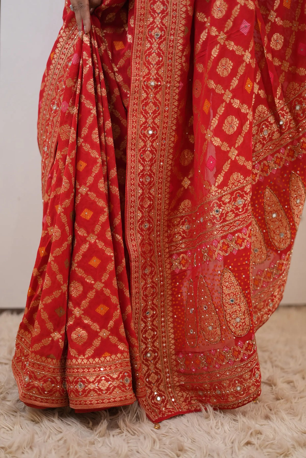 Pure Khaddi Georgette Ghatchola Bandhani Saree with Kolkata Handwork (Cutdana & Mirror) & Zari Work - (with Blouse)