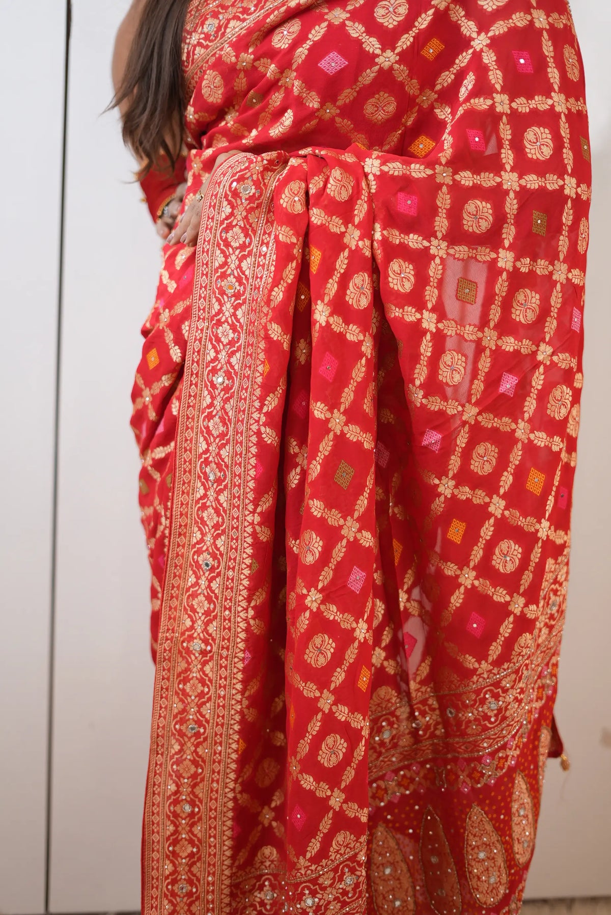Pure Khaddi Georgette Ghatchola Bandhani Saree with Kolkata Handwork (Cutdana & Mirror) & Zari Work - (with Blouse)