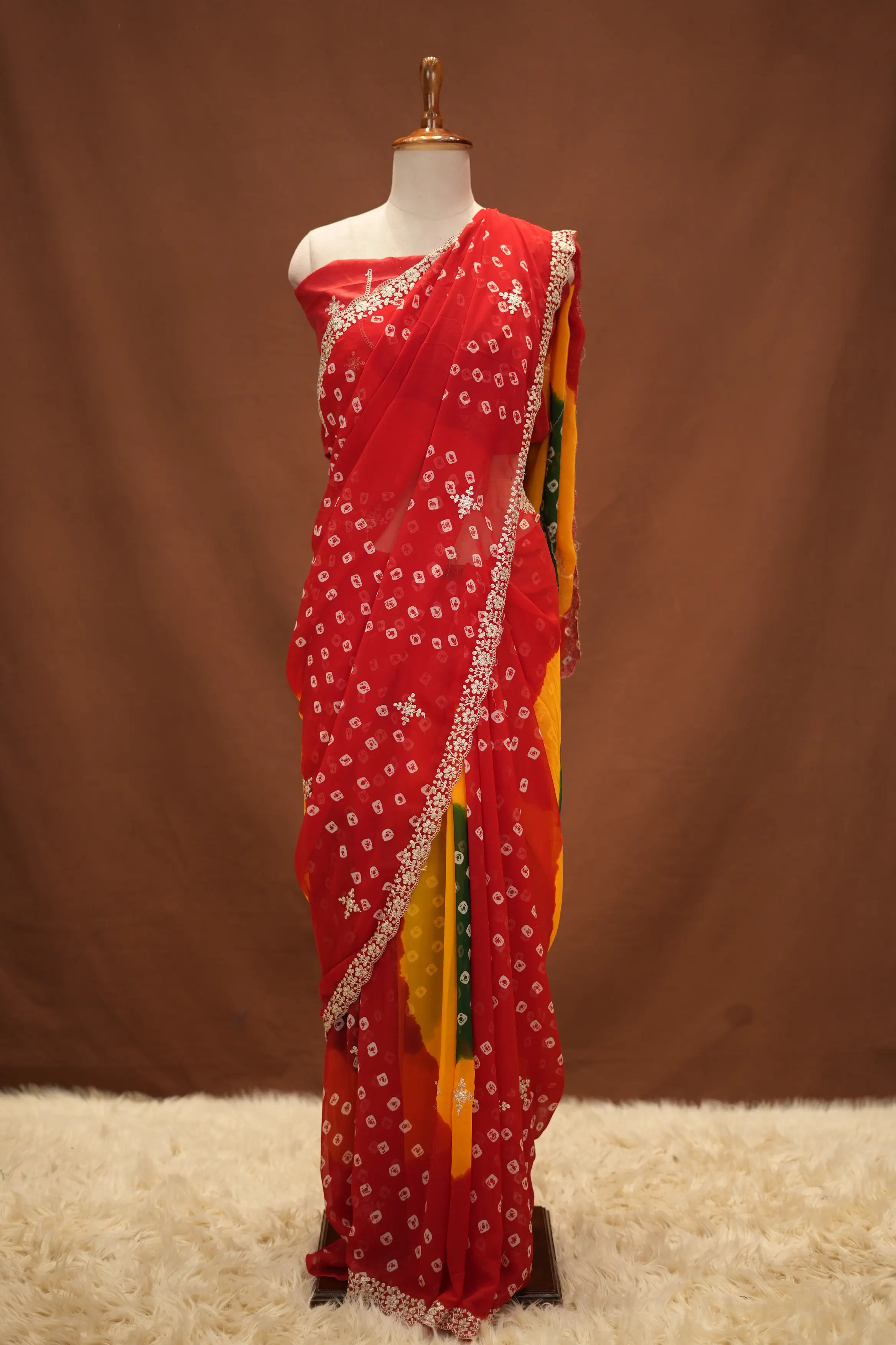Multi Shade Bandhani Print Georgette Saree with Pita Work (With Blouse)