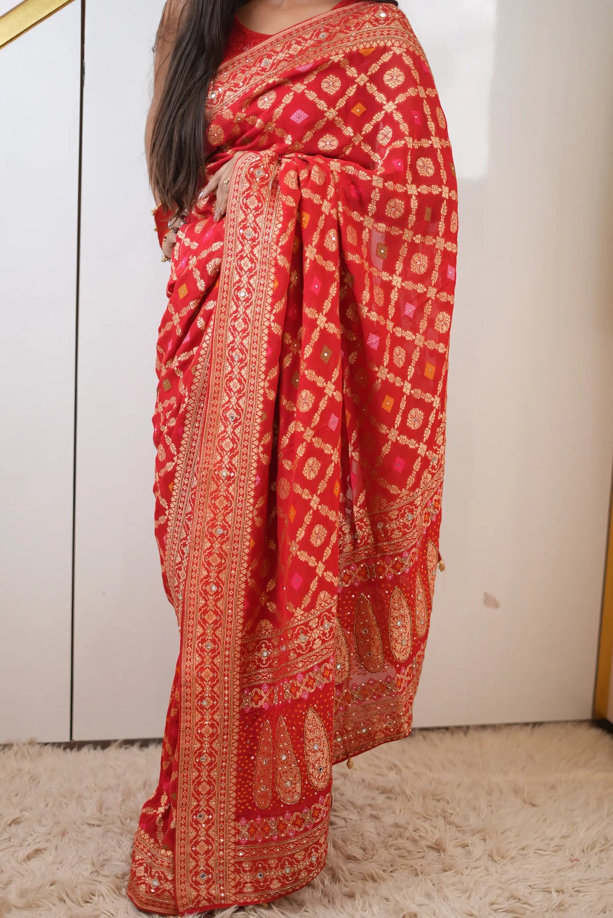 Pure Khaddi Georgette Ghatchola Bandhani Saree with Kolkata Handwork (Cutdana & Mirror) & Zari Work - (with Blouse)