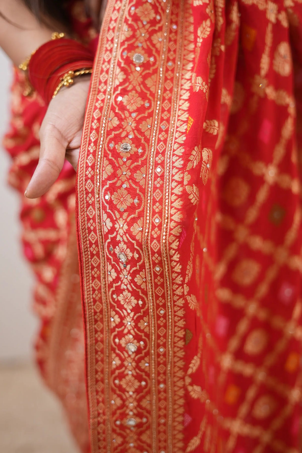 Pure Khaddi Georgette Ghatchola Bandhani Saree with Kolkata Handwork (Cutdana & Mirror) & Zari Work - (with Blouse)