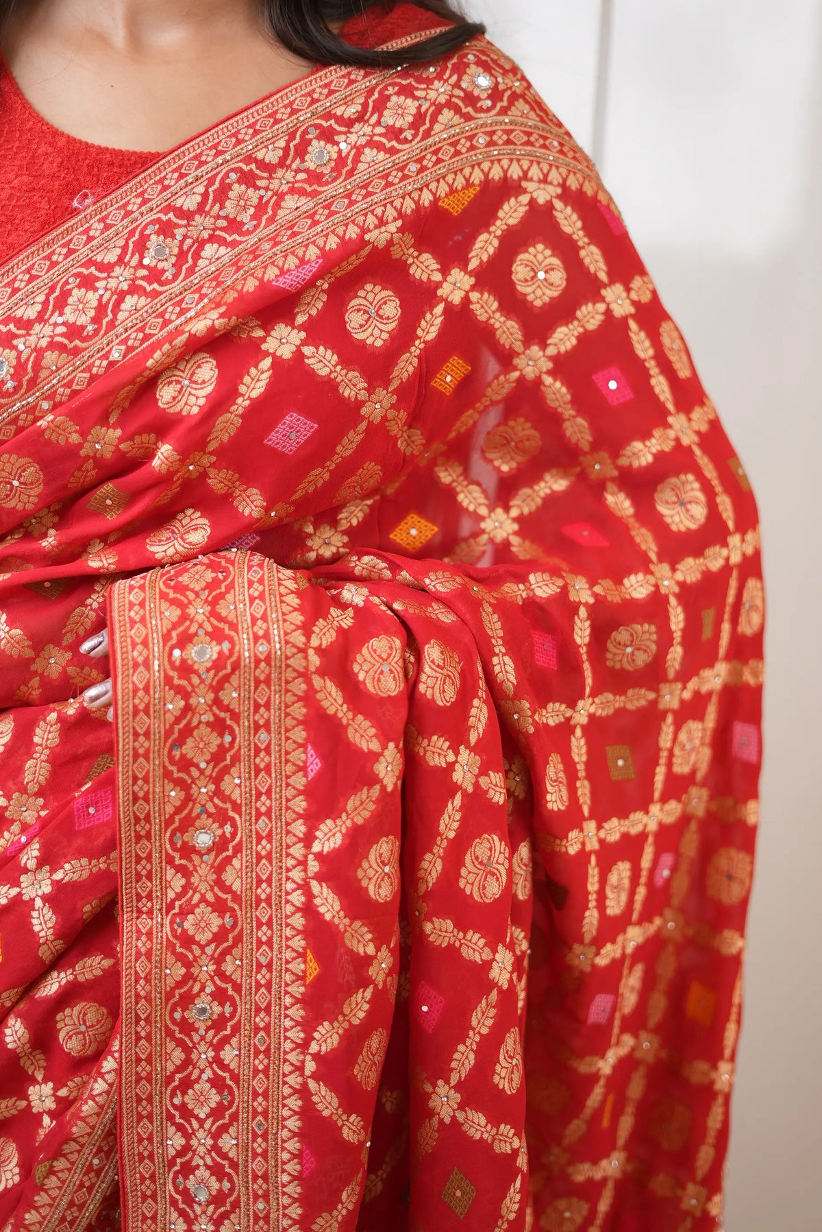 Pure Khaddi Georgette Ghatchola Bandhani Saree with Kolkata Handwork (Cutdana & Mirror) & Zari Work - (with Blouse)