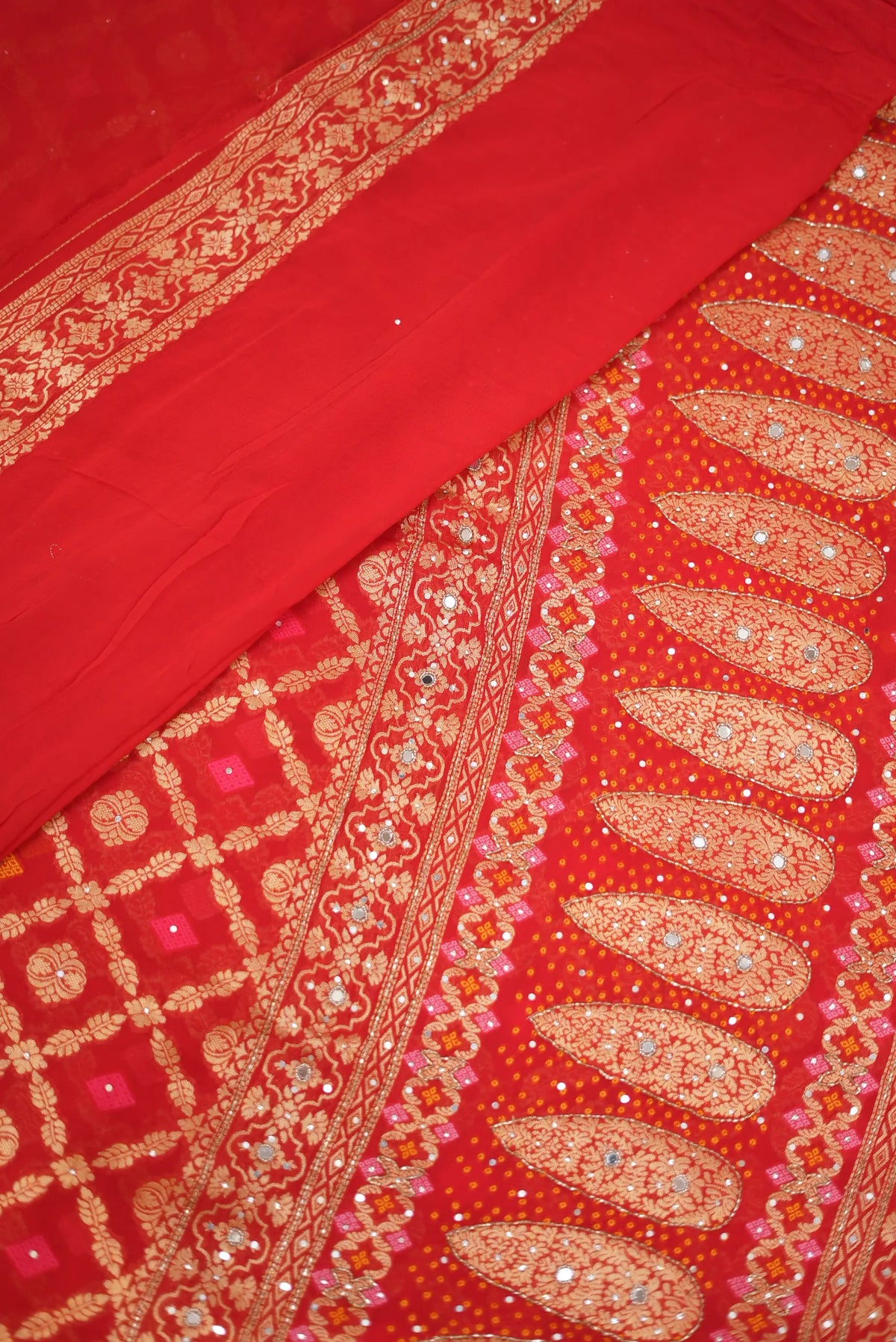 Pure Khaddi Georgette Ghatchola Bandhani Saree with Kolkata Handwork (Cutdana & Mirror) & Zari Work - (with Blouse)