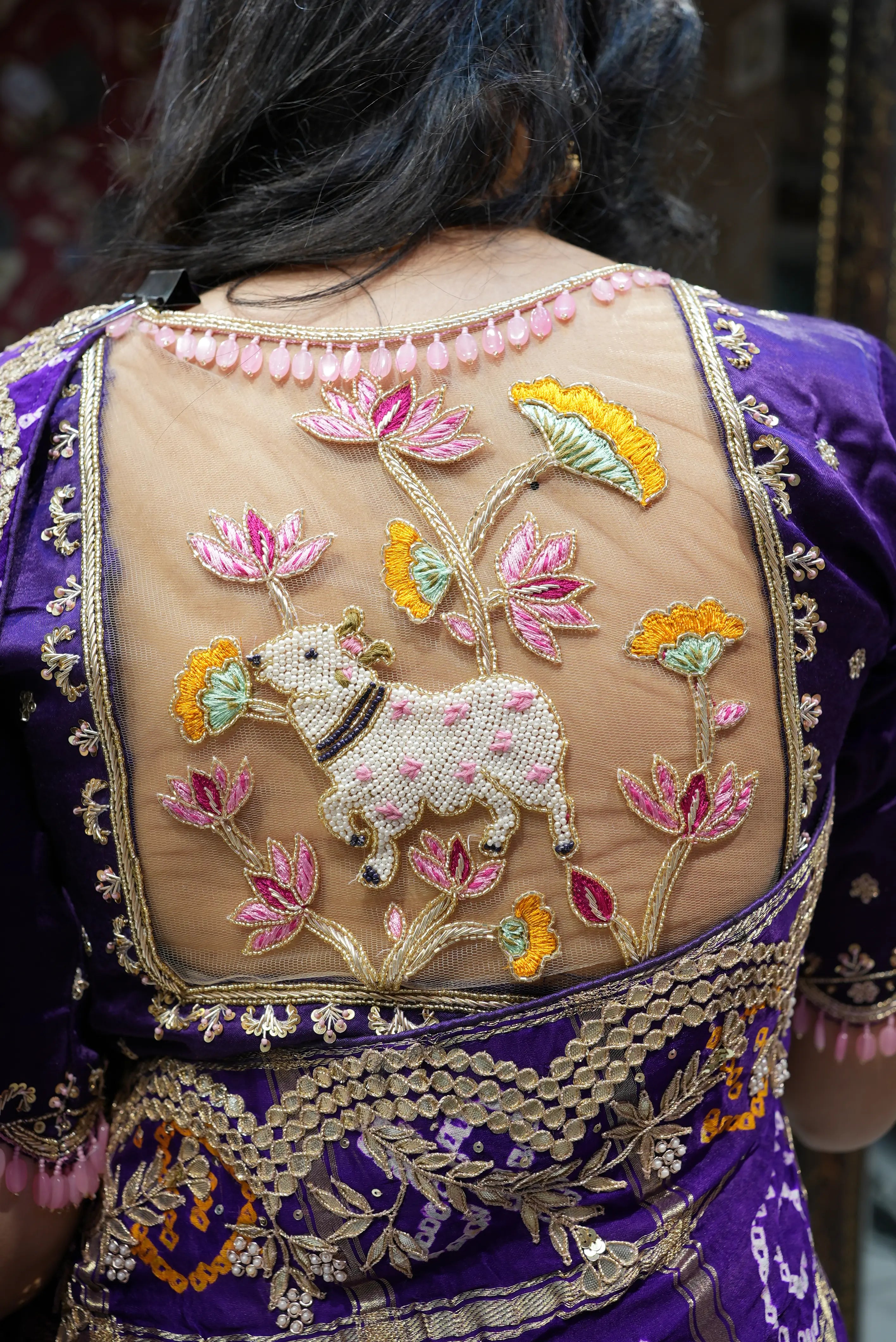 Pichwai Design Handwork Blouse On Gazzi Silk Fabric