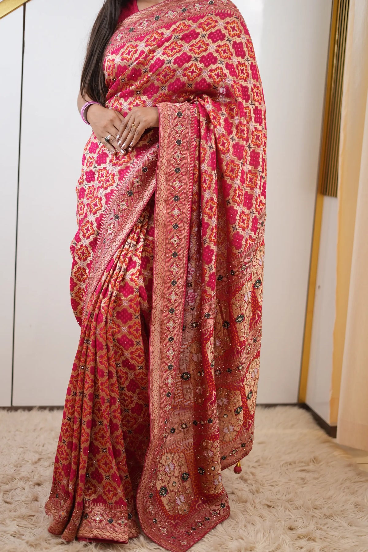 Pure Khaddi Georgette Bandhani Minakari Print Saree with Intricate Kolkata Handwork (Cutdana, Mirror & Zari Embroidery) - (with Blouse)