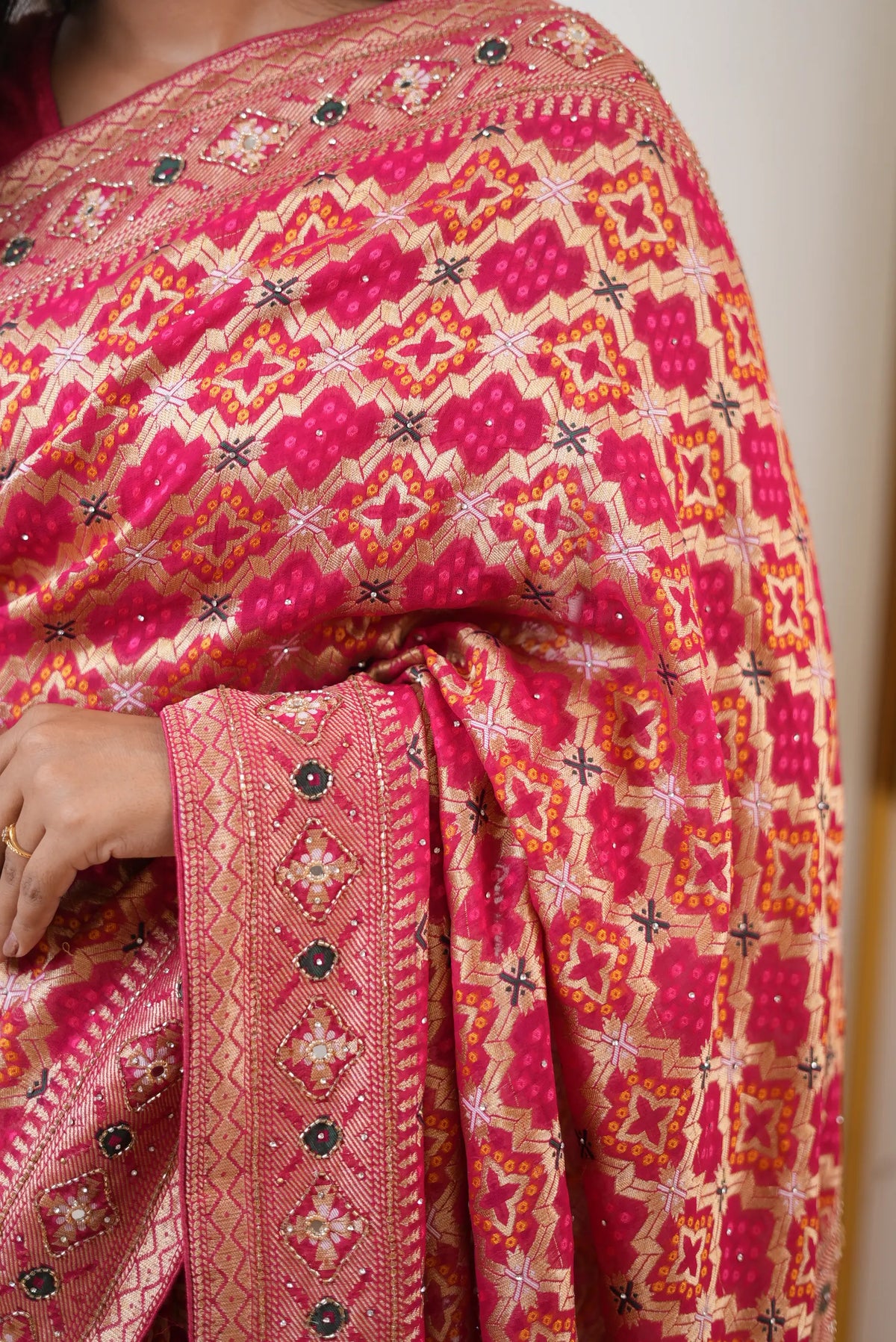 Pure Khaddi Georgette Bandhani Minakari Print Saree with Intricate Kolkata Handwork (Cutdana, Mirror & Zari Embroidery) - (with Blouse)