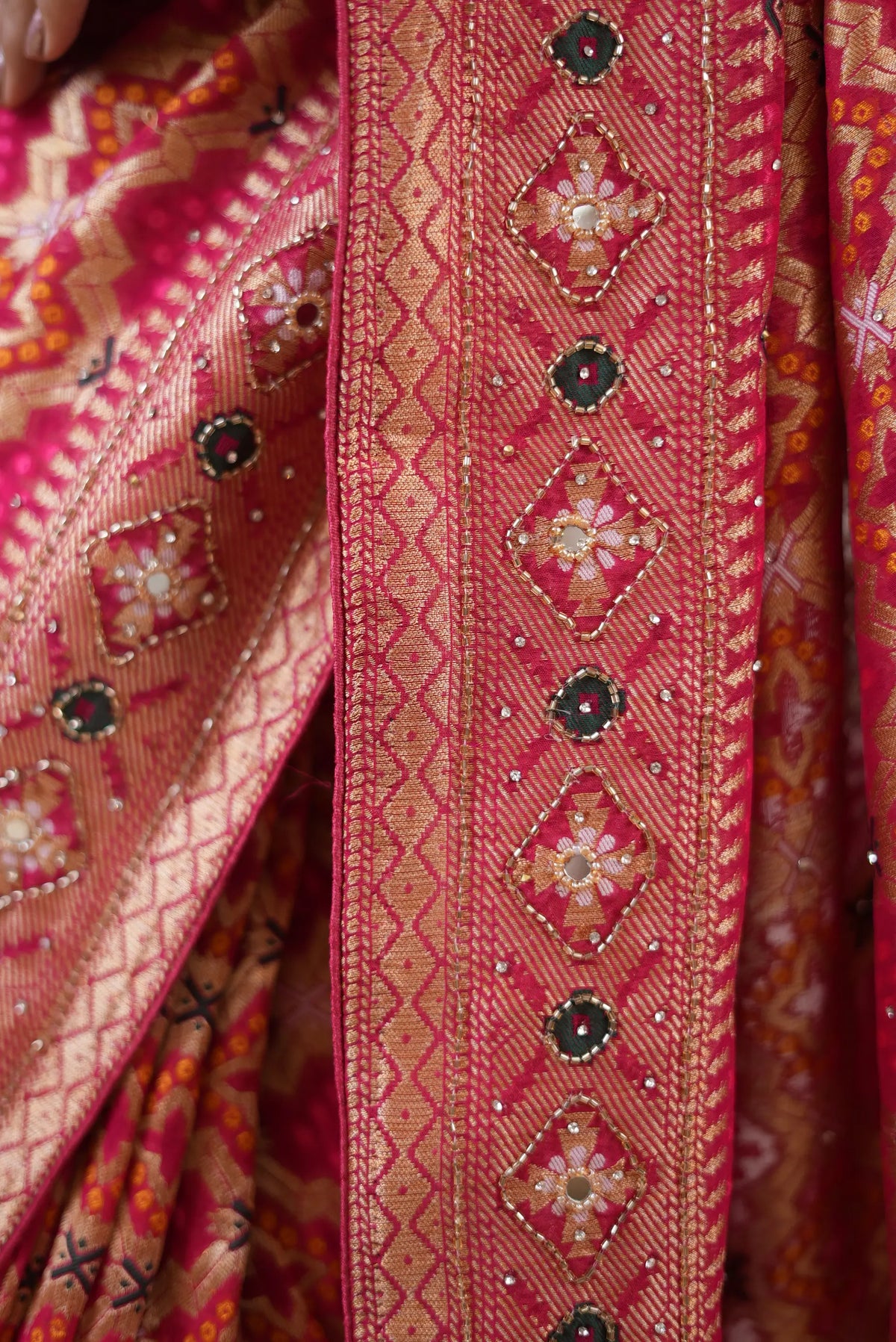 Pure Khaddi Georgette Bandhani Minakari Print Saree with Intricate Kolkata Handwork (Cutdana, Mirror & Zari Embroidery) - (with Blouse)