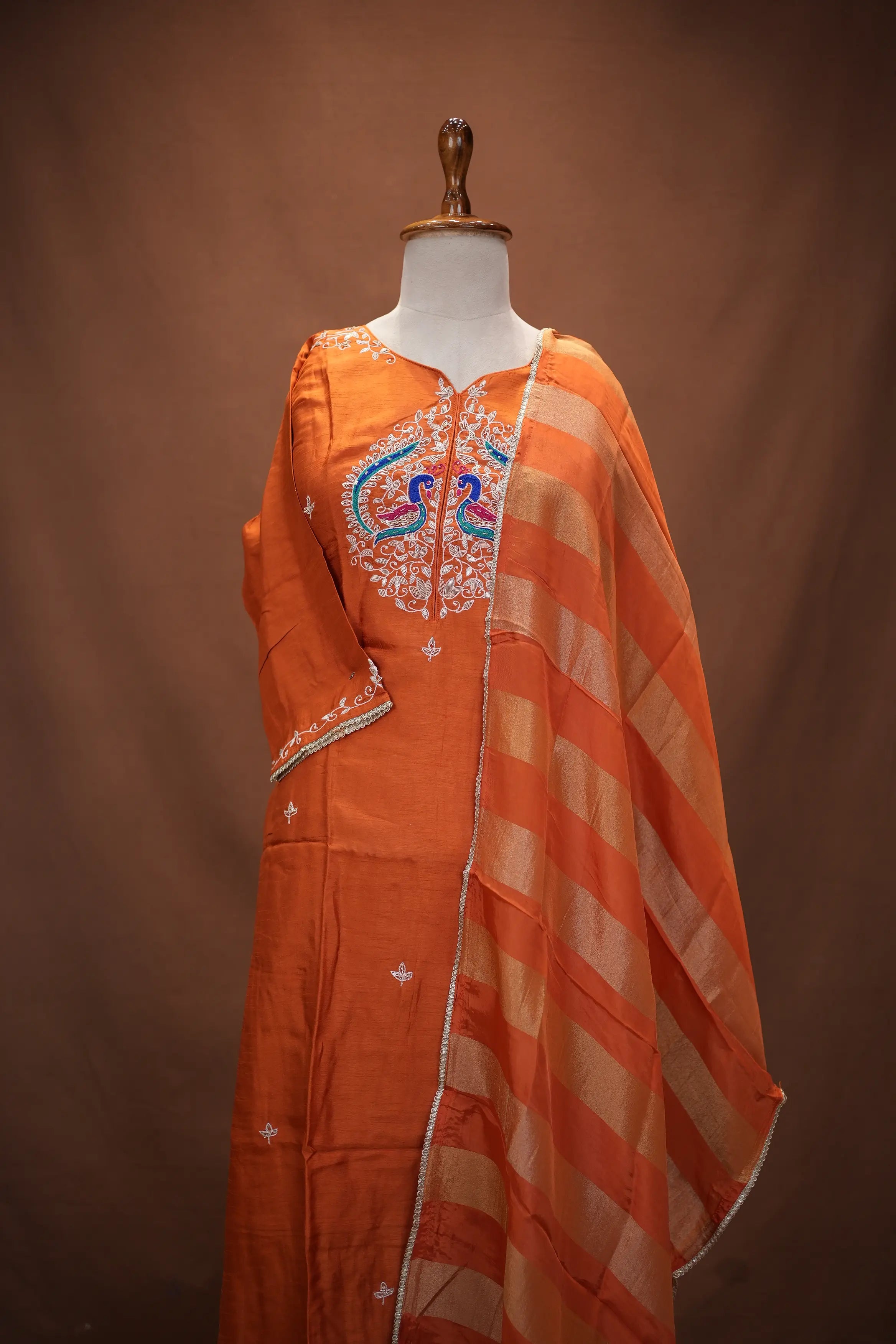 Royal Peacock Embroidered Silk Suit Set with Zari Dupatta (Orange Color)