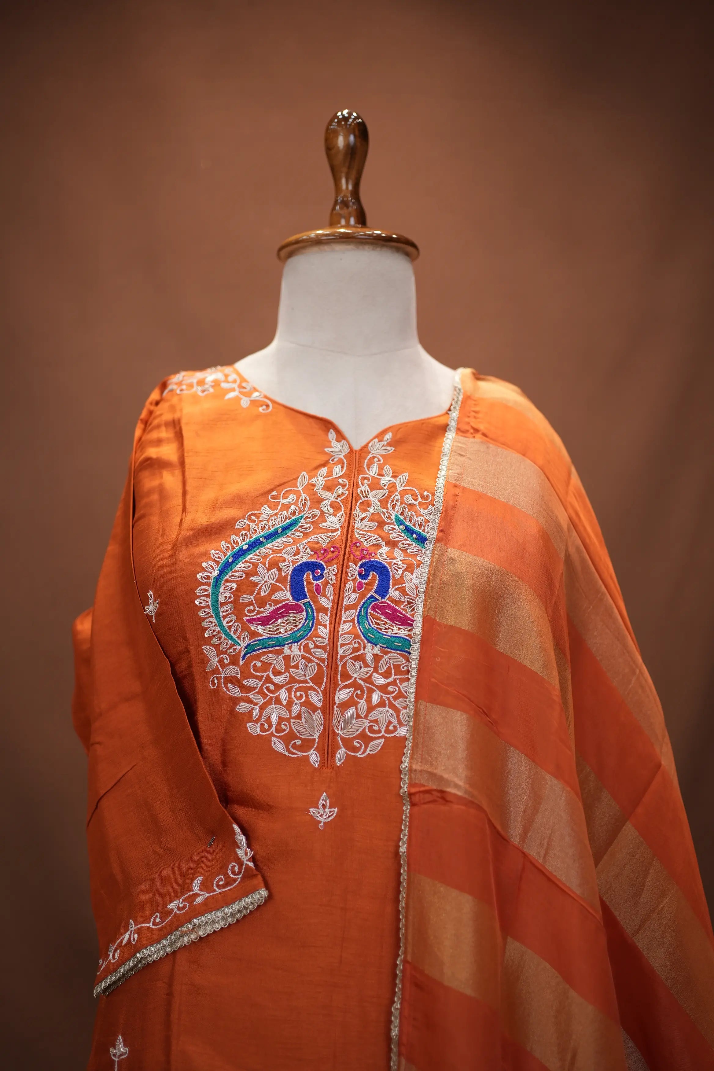 Royal Peacock Embroidered Silk Suit Set with Zari Dupatta (Orange Color)