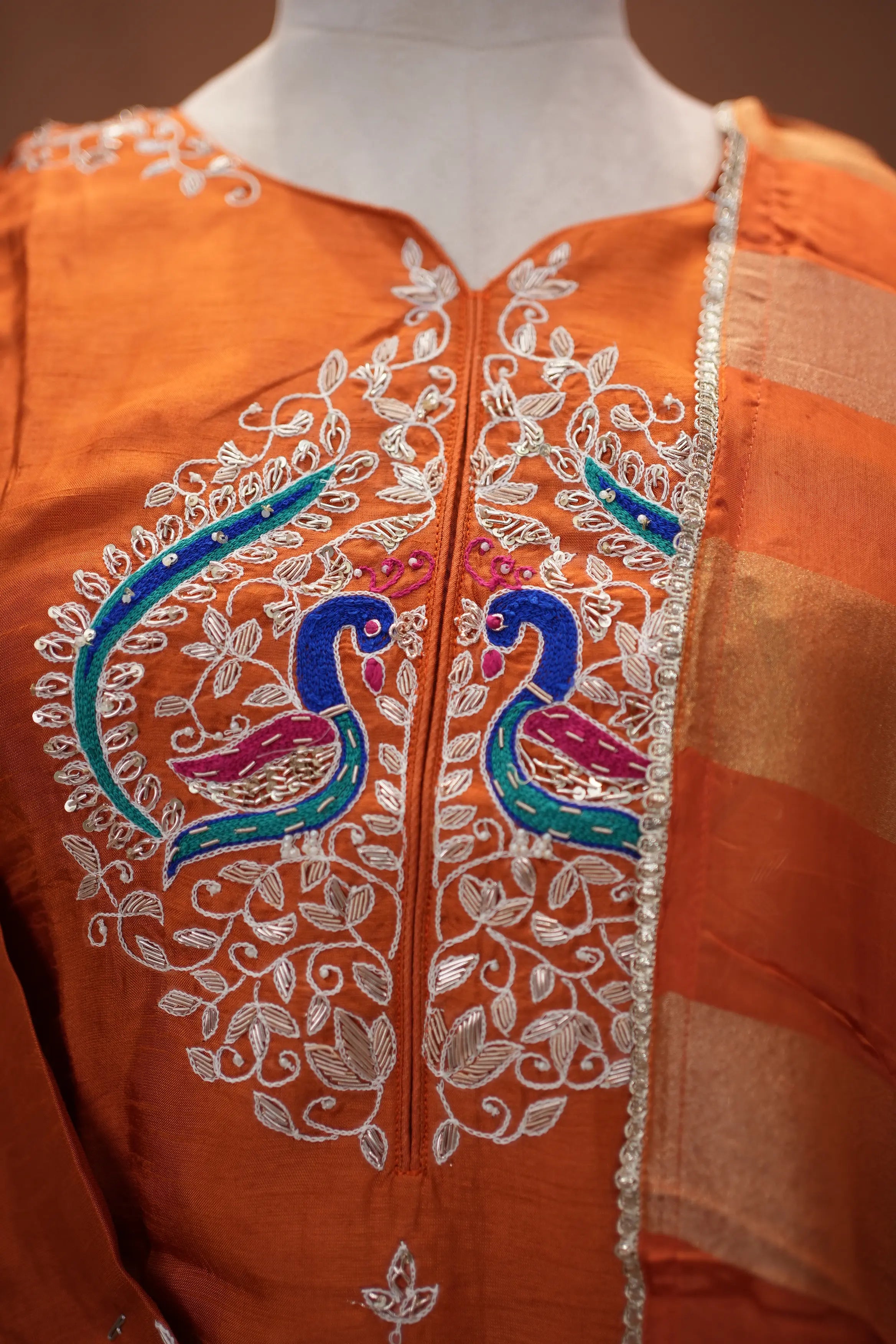 Royal Peacock Embroidered Silk Suit Set with Zari Dupatta (Orange Color)