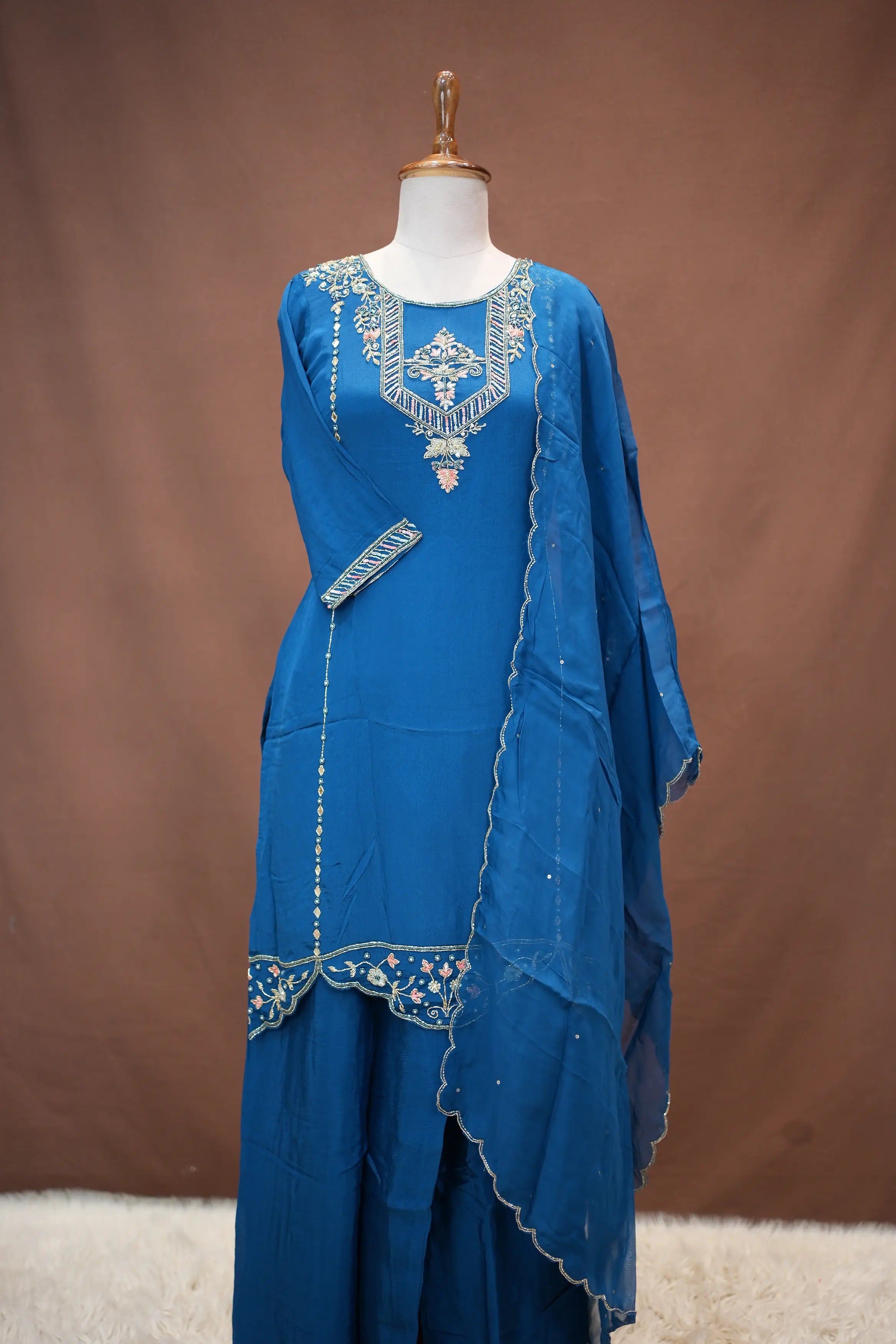 Elegant Teal Blue Embroidered Suit Set with Scallop Dupatta