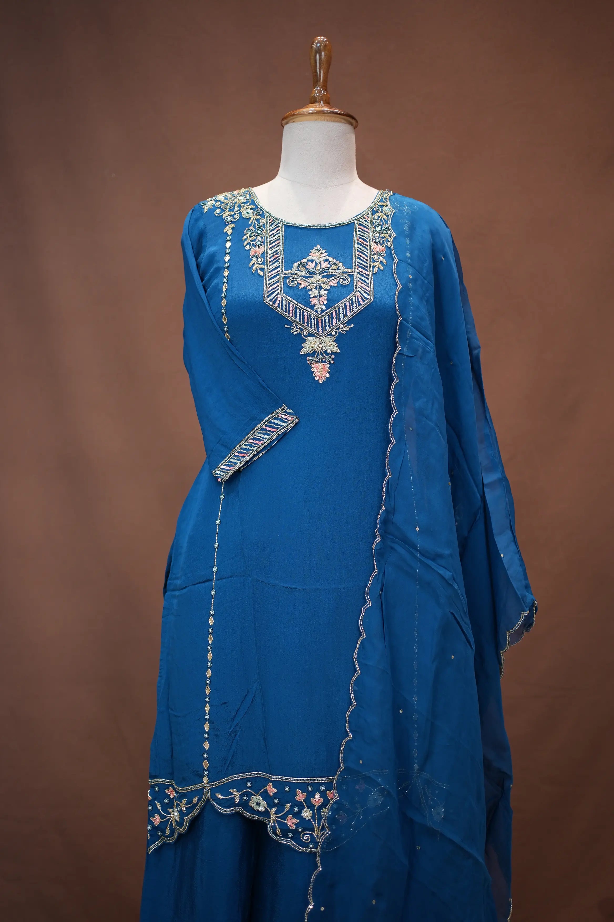 Elegant Teal Blue Embroidered Suit Set with Scallop Dupatta