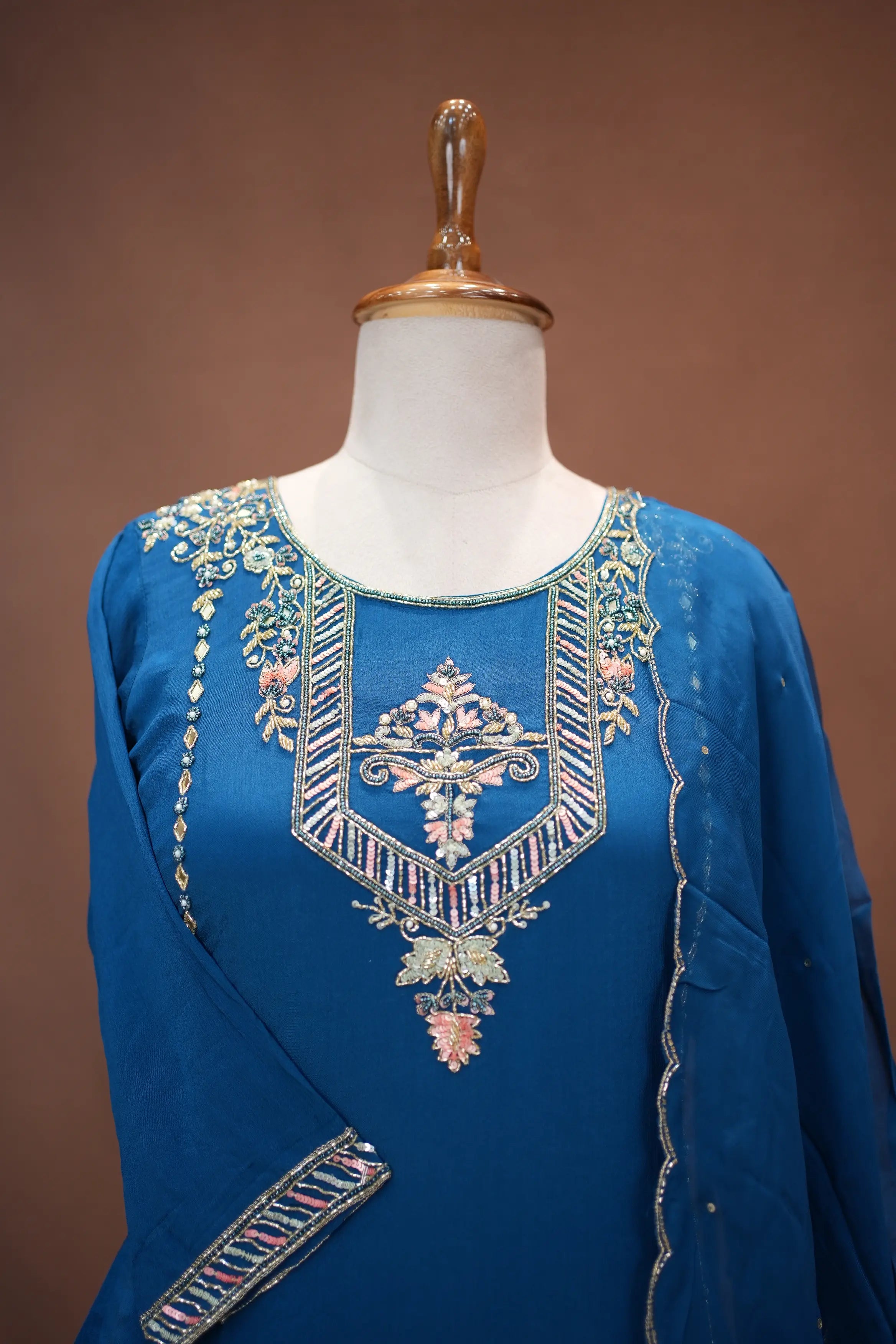 Elegant Teal Blue Embroidered Suit Set with Scallop Dupatta