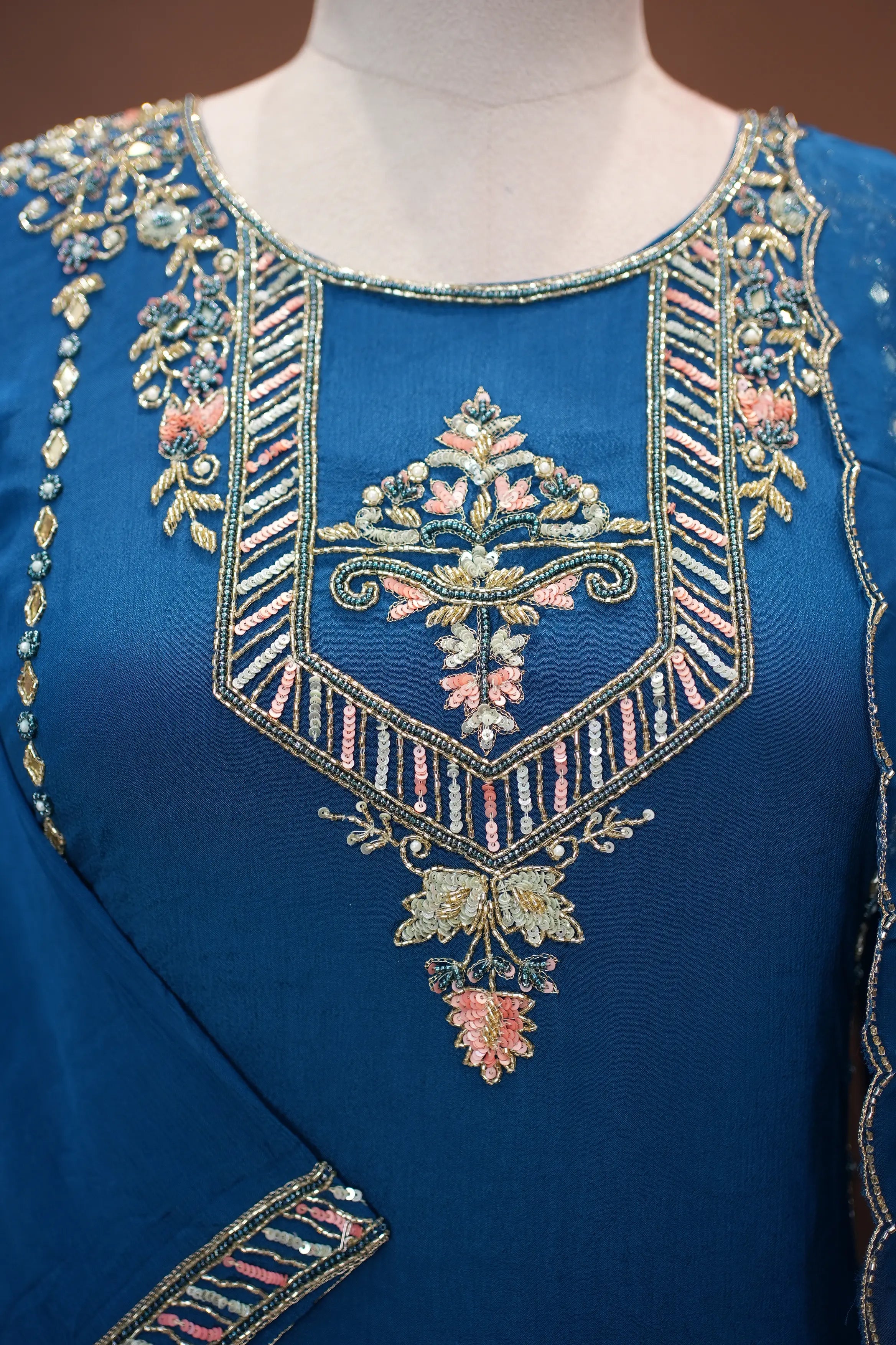 Elegant Teal Blue Embroidered Suit Set with Scallop Dupatta