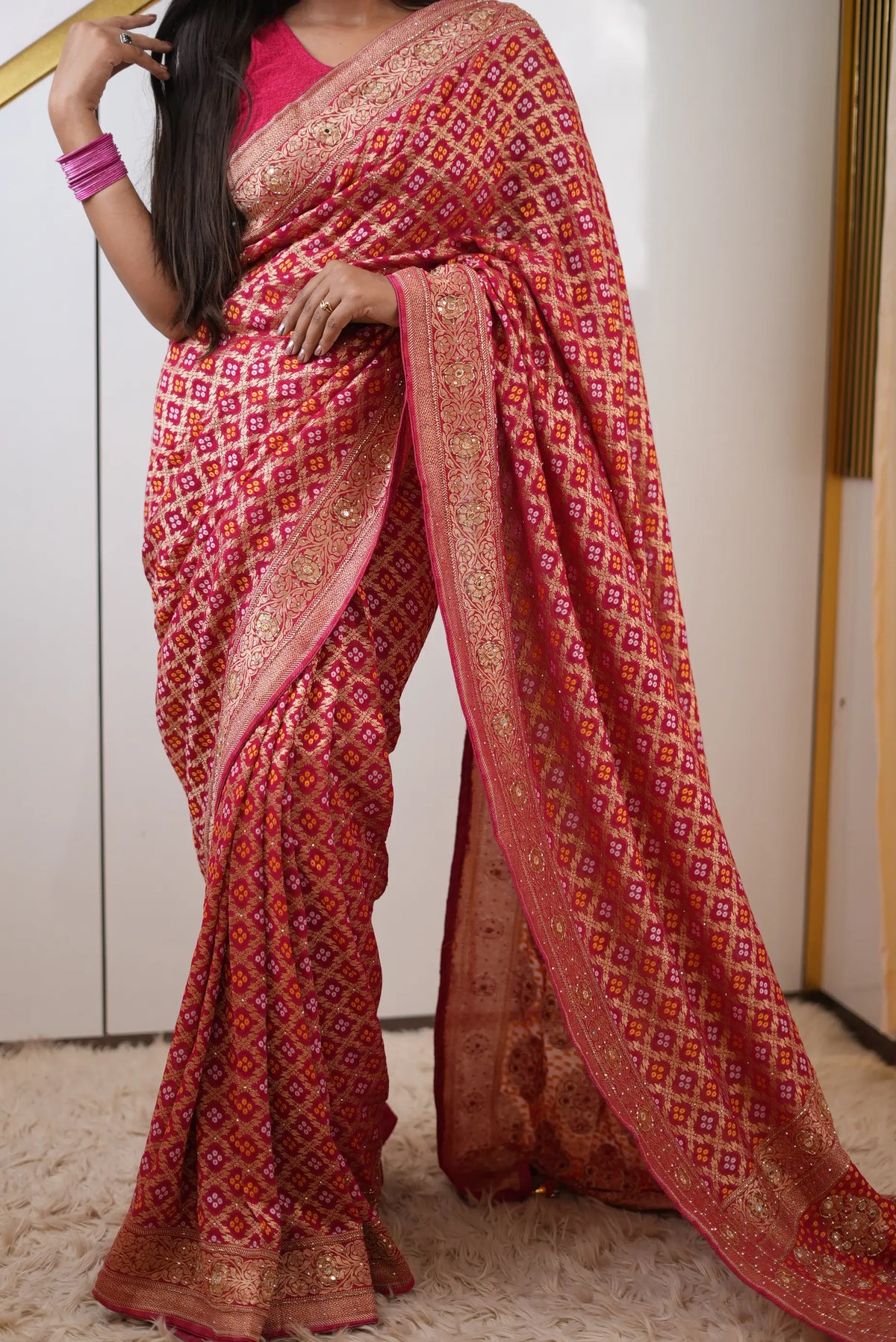 Pure Khaddi Georgette Ghatchola Bandhani Saree with Floral Zari Motifs & Kolkata Handwork (Cutdana, Mirror & Zari) - (with Blouse)