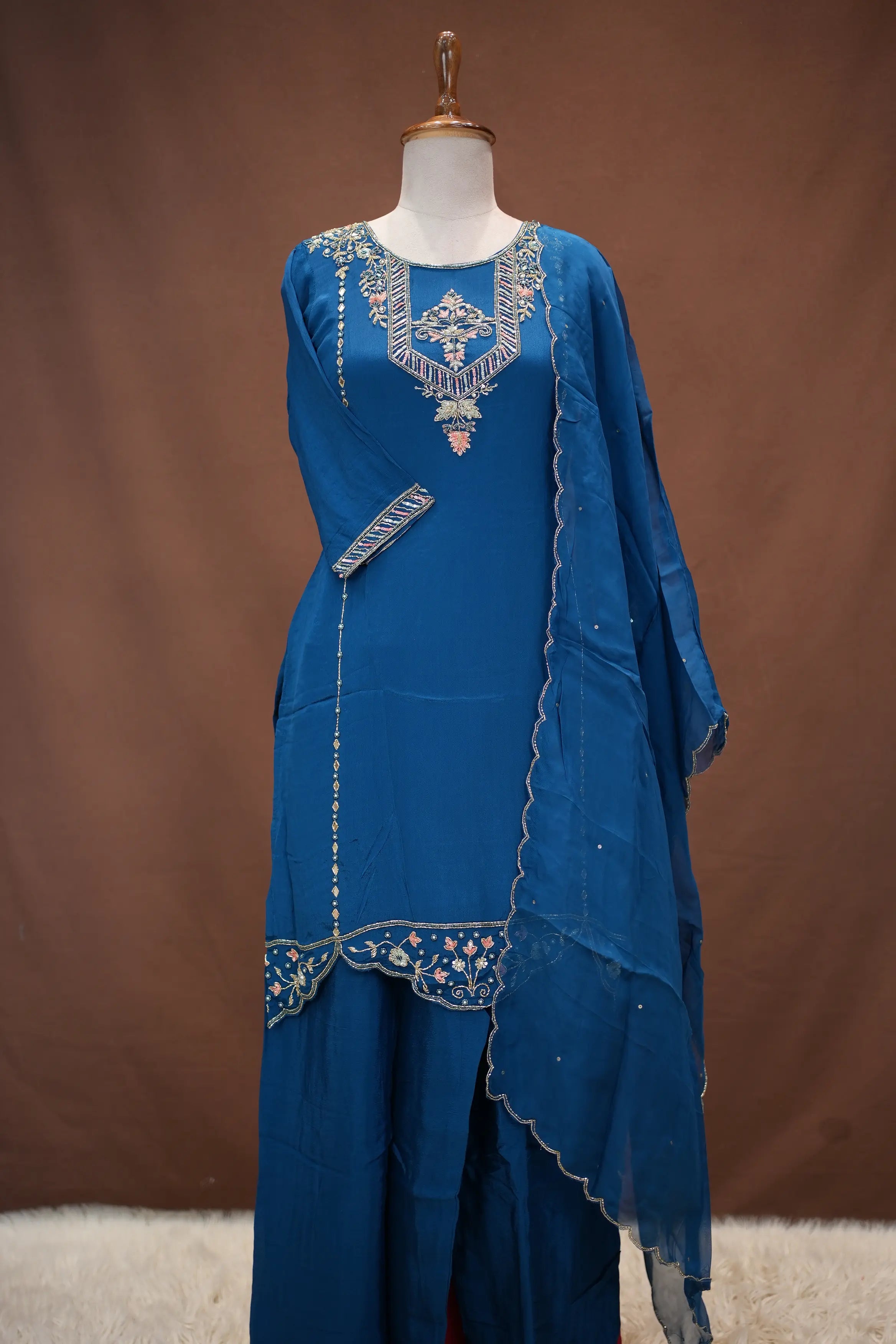 Elegant Teal Blue Embroidered Suit Set with Scallop Dupatta