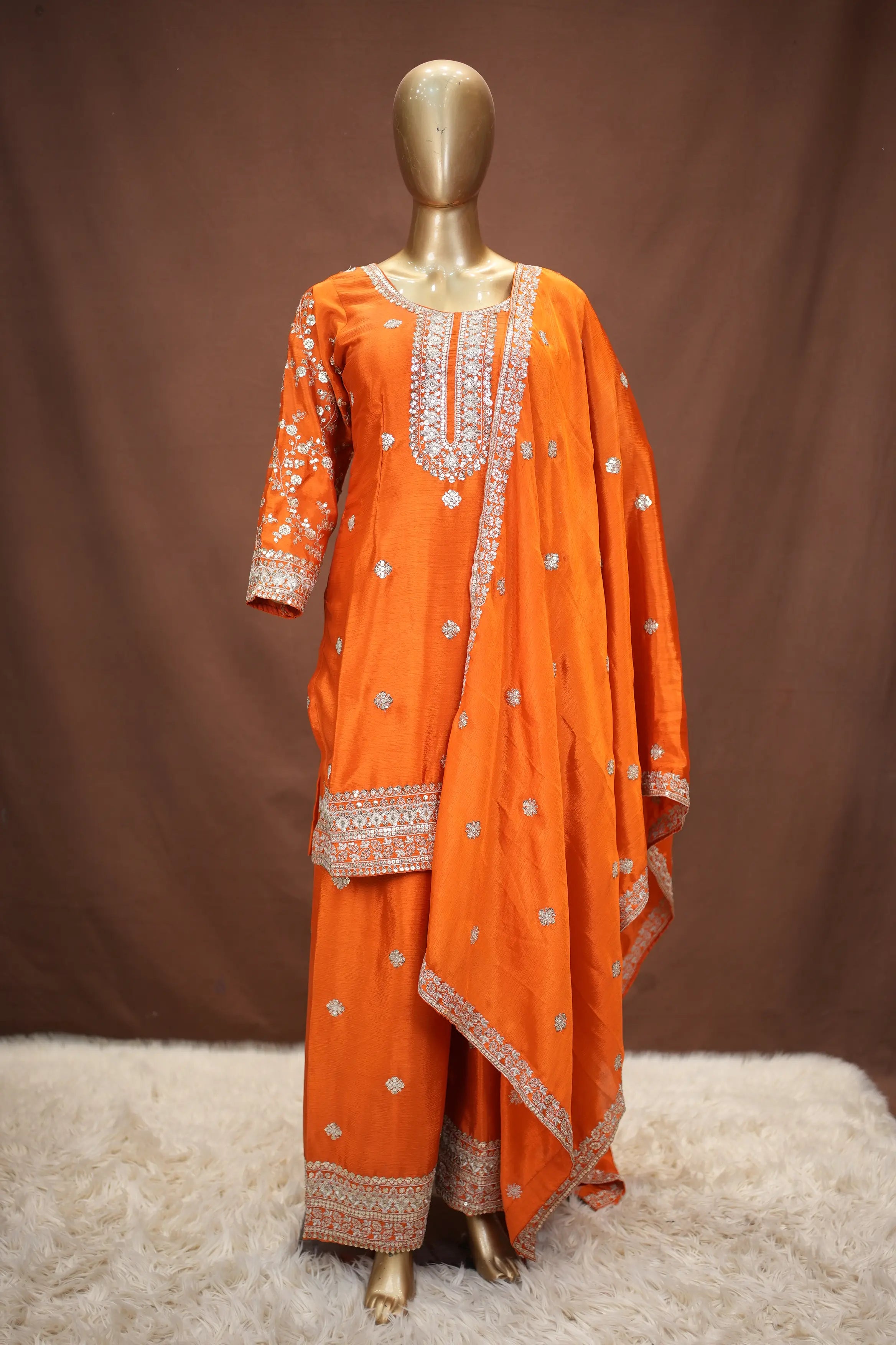 Festive Orange Embroidered Suit Set with Heavy Dupatta