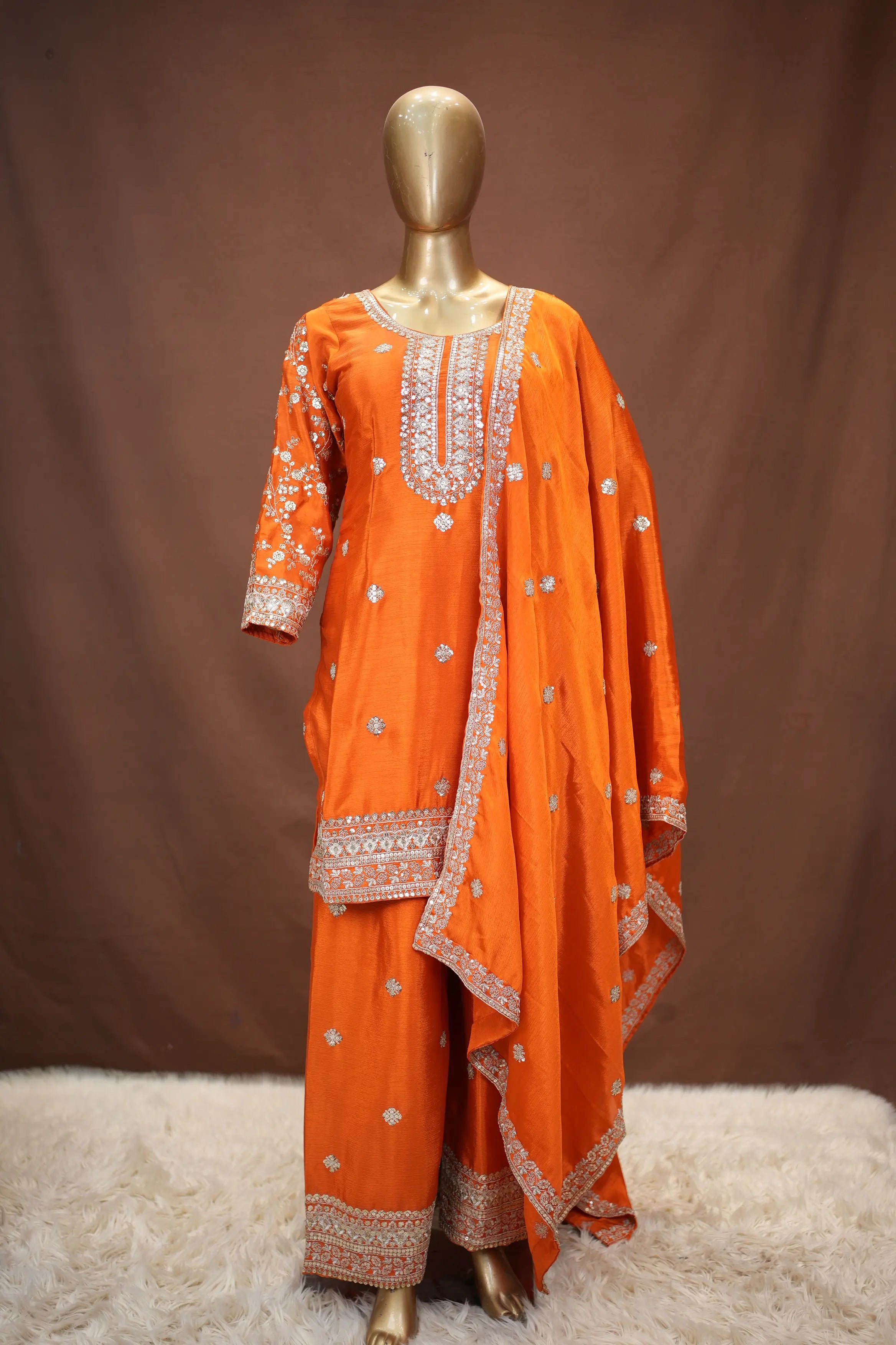 Festive Orange Embroidered Suit Set with Heavy Dupatta