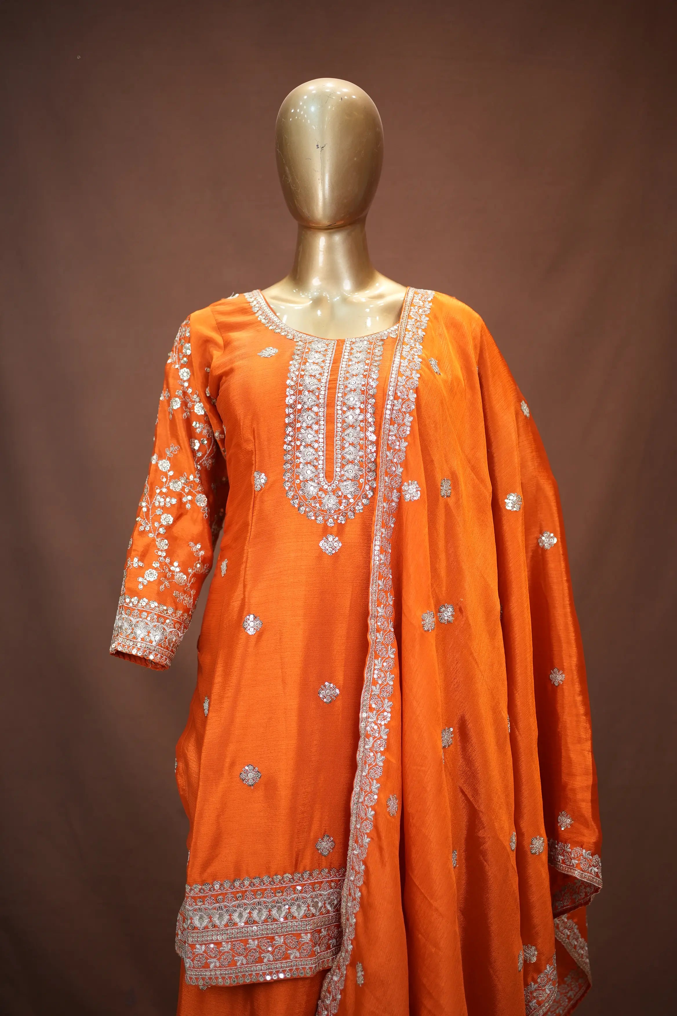 Festive Orange Embroidered Suit Set with Heavy Dupatta