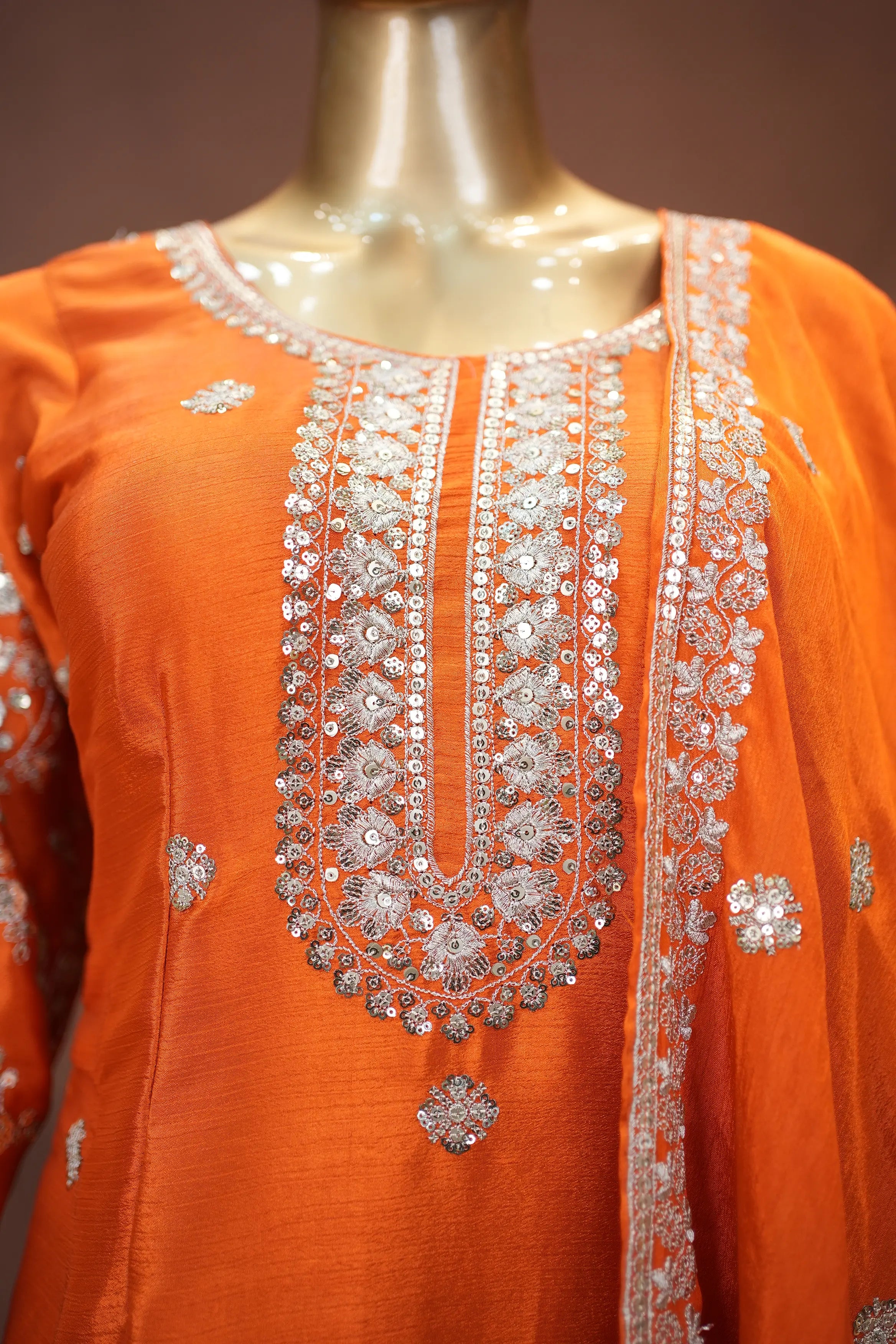 Festive Orange Embroidered Suit Set with Heavy Dupatta
