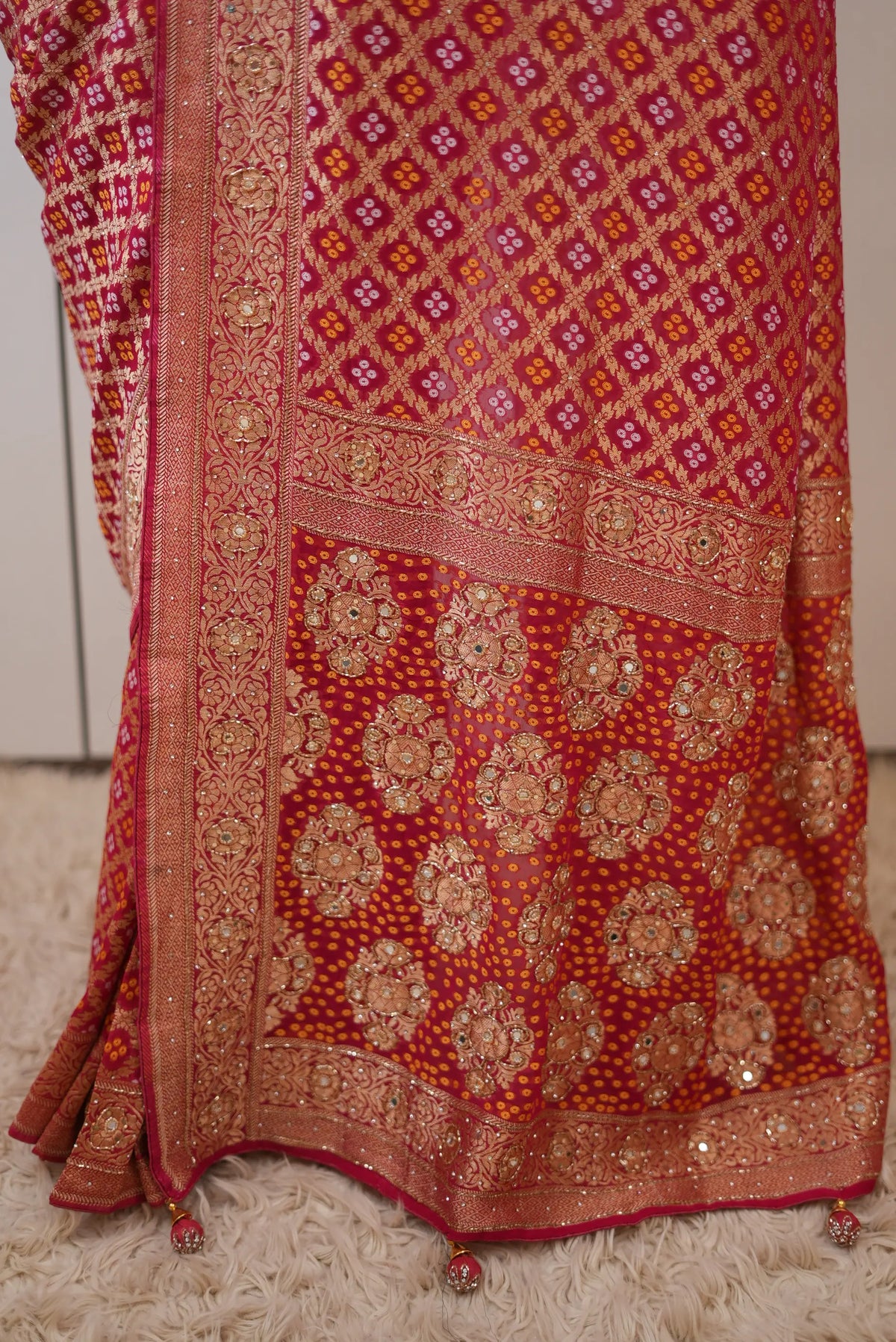 Pure Khaddi Georgette Ghatchola Bandhani Saree with Floral Zari Motifs & Kolkata Handwork (Cutdana, Mirror & Zari) - (with Blouse)